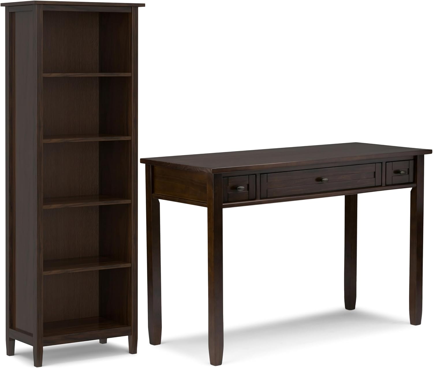 SIMPLIHOME Warm Shaker Desk and Bookcase Bundle - 48 inch Wide Solid Wood Transitional Desk with Drawers and 26 inch Wide 5-Shelf Bookcase in Tobacco Brown, Home Office Furniture (Set of 2)