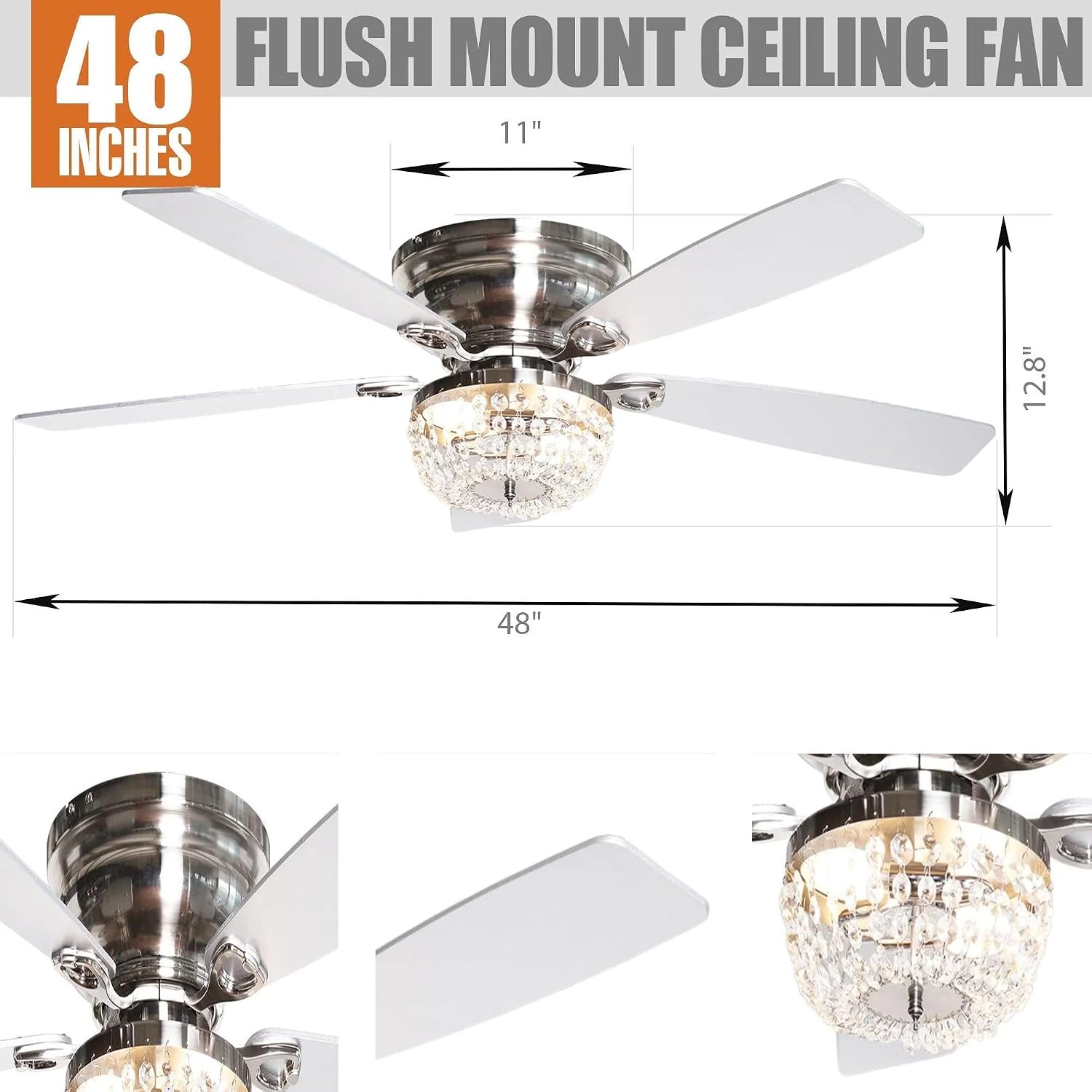 48 Inch Low Profile Ceiling Fan with Light: Farmhouse Caged Fandelier, Crystal Flush Mount Ceiling Fan with Remote, Indoor/Outdoor Use for Patios Living Room Bedroom, Silver