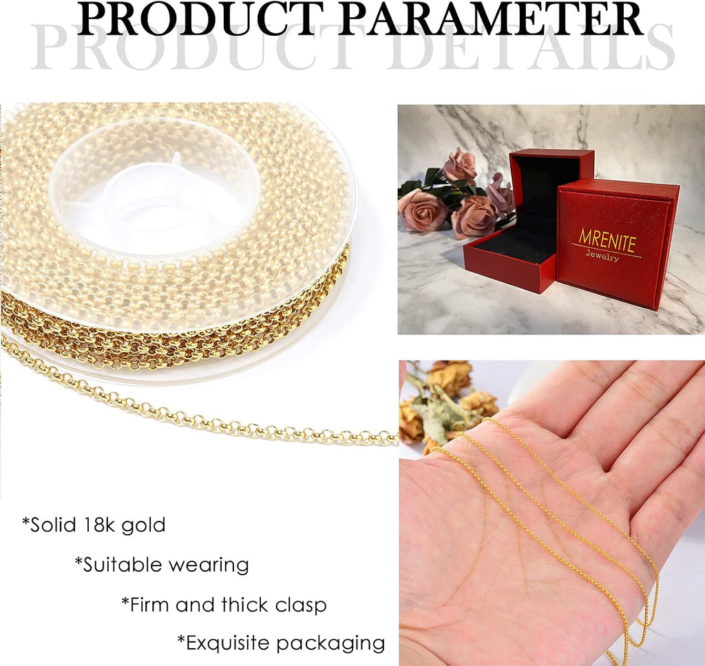 MRENITE Solid 18k Gold 1mm/1.1mm/1.3mm/3mm Round Rolo Cable Chain Necklace Gold Silver Chain Necklaces Lobster Clasp for Women 14' 16' 18' 20' 22' 24' 26' 28' 30'