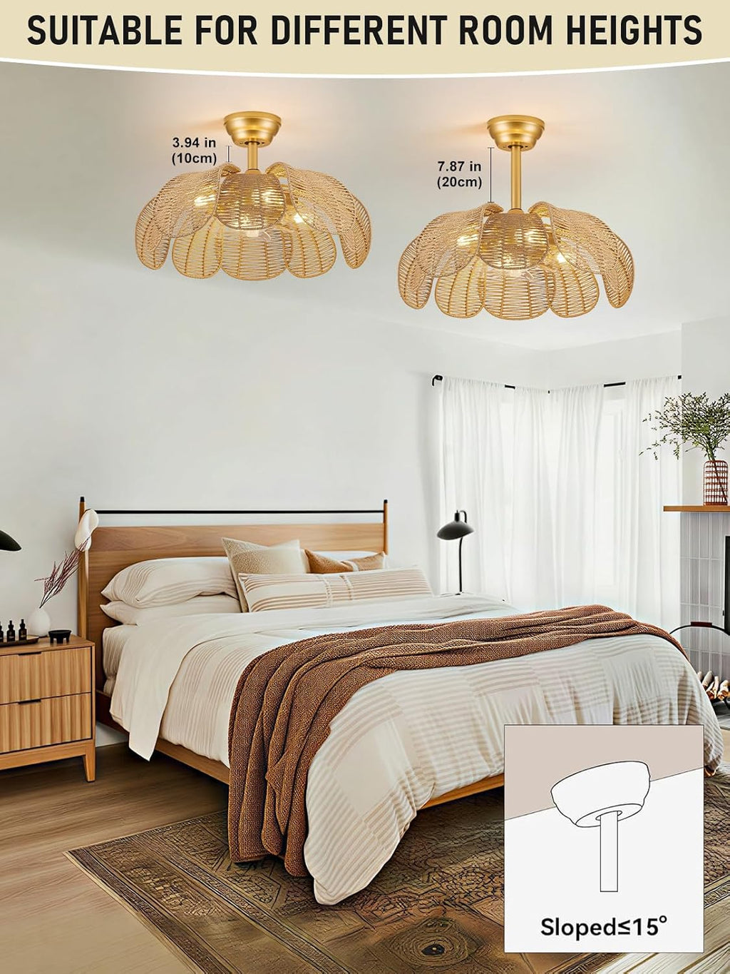 26'Rattan Fandelier Ceiling Fan with Light,Flower Boho Ceiling Fan with Light and Remote,Black Farmhouse Chandelier Fan for Bedroom, Living Room,Kitchen,Foyer(6 Speed, Timing Adjustable Height)