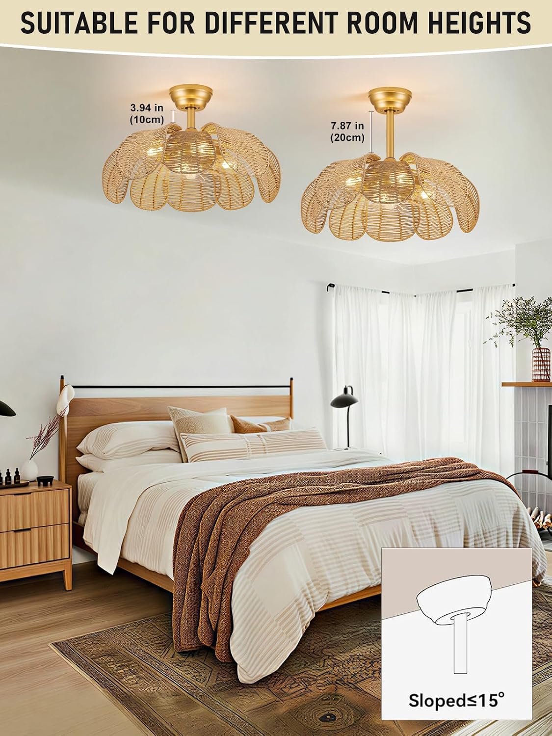 26'Rattan Fandelier Ceiling Fan with Light,Flower Boho Ceiling Fan with Light and Remote,Black Farmhouse Chandelier Fan for Bedroom, Living Room,Kitchen,Foyer(6 Speed, Timing Adjustable Height)