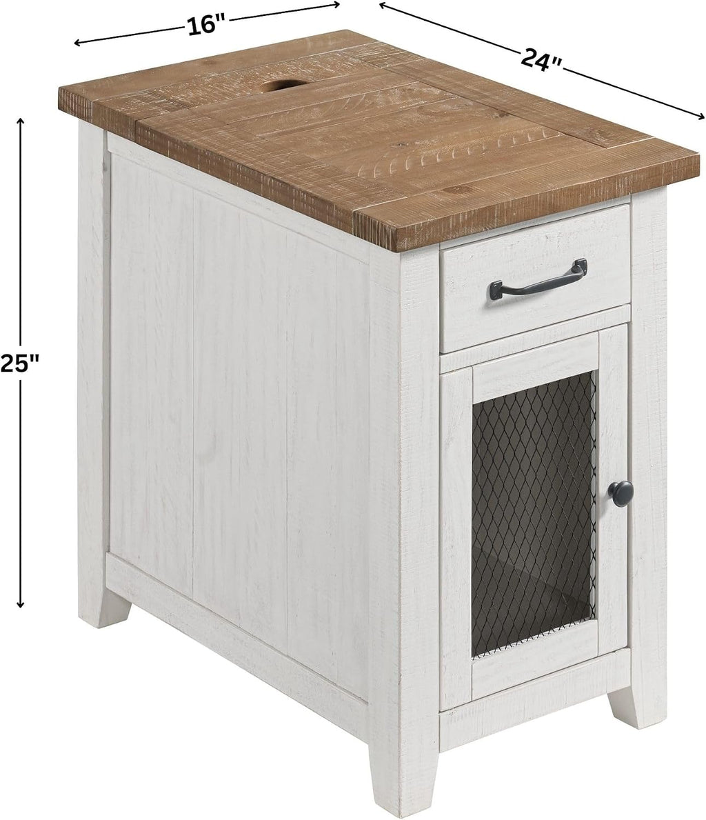 Martin Svensson Home Solid Wood White and Driftwood Rustic Chairside End Table with Power and Storage