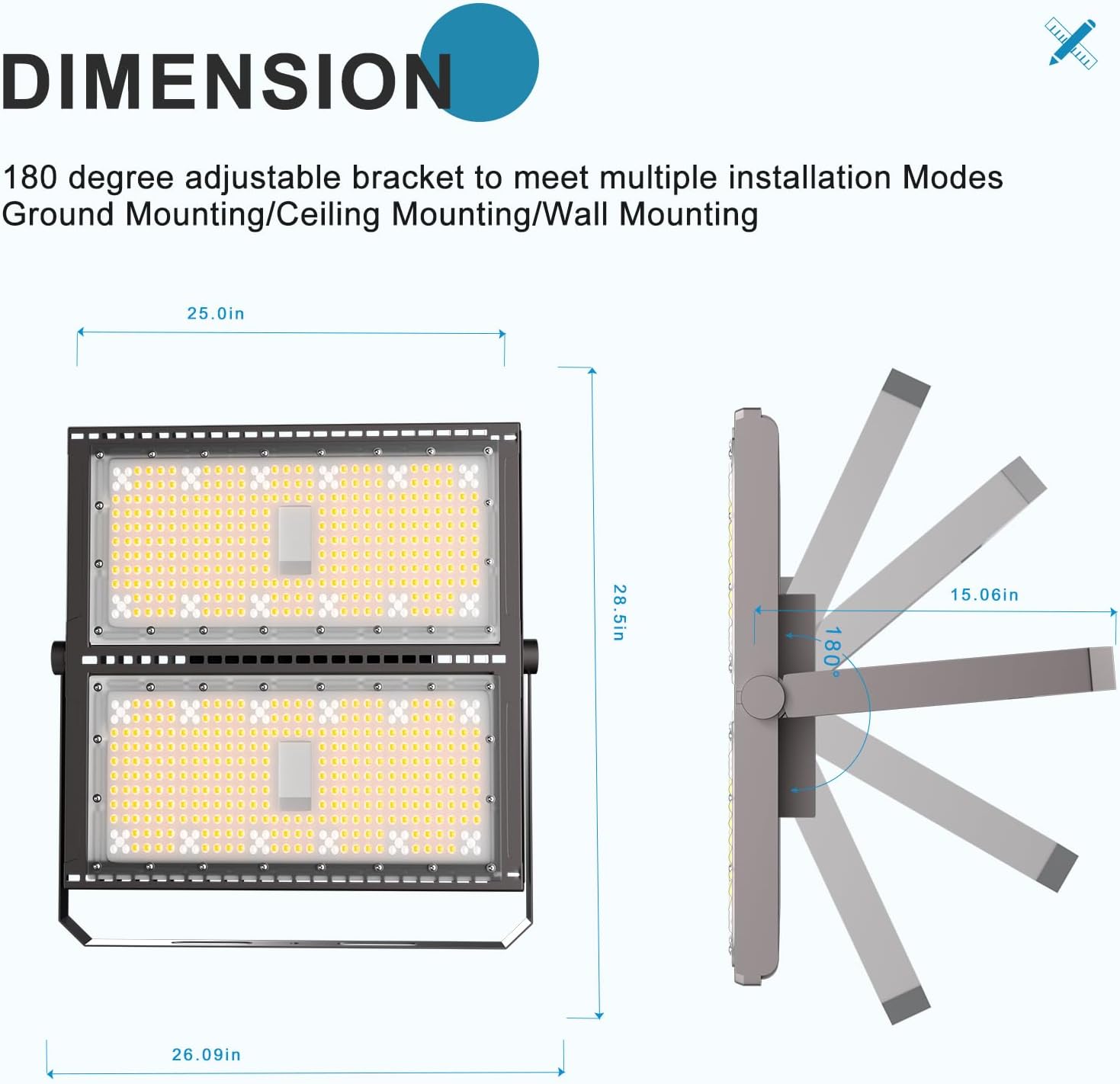 Upgrade 1000W LED Flood Light Outdoor 150000Lm Led Stadium Light with Adjustable Bracket, IP65 AC100-277V Commercial Area Lighting with Plug for Backyard/Basketball Court
