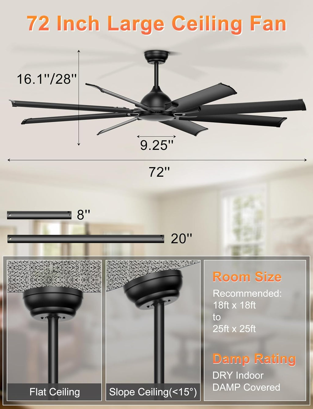 Ohniyou 72 Inch Ceiling Fan No Light - Remote & APP Control, Large Industrial Ceiling Fan with 8 Aluminum Blades, Quiet DC Motor for Living Room, Covered Outdoor, Shop, Garage, Black without Light