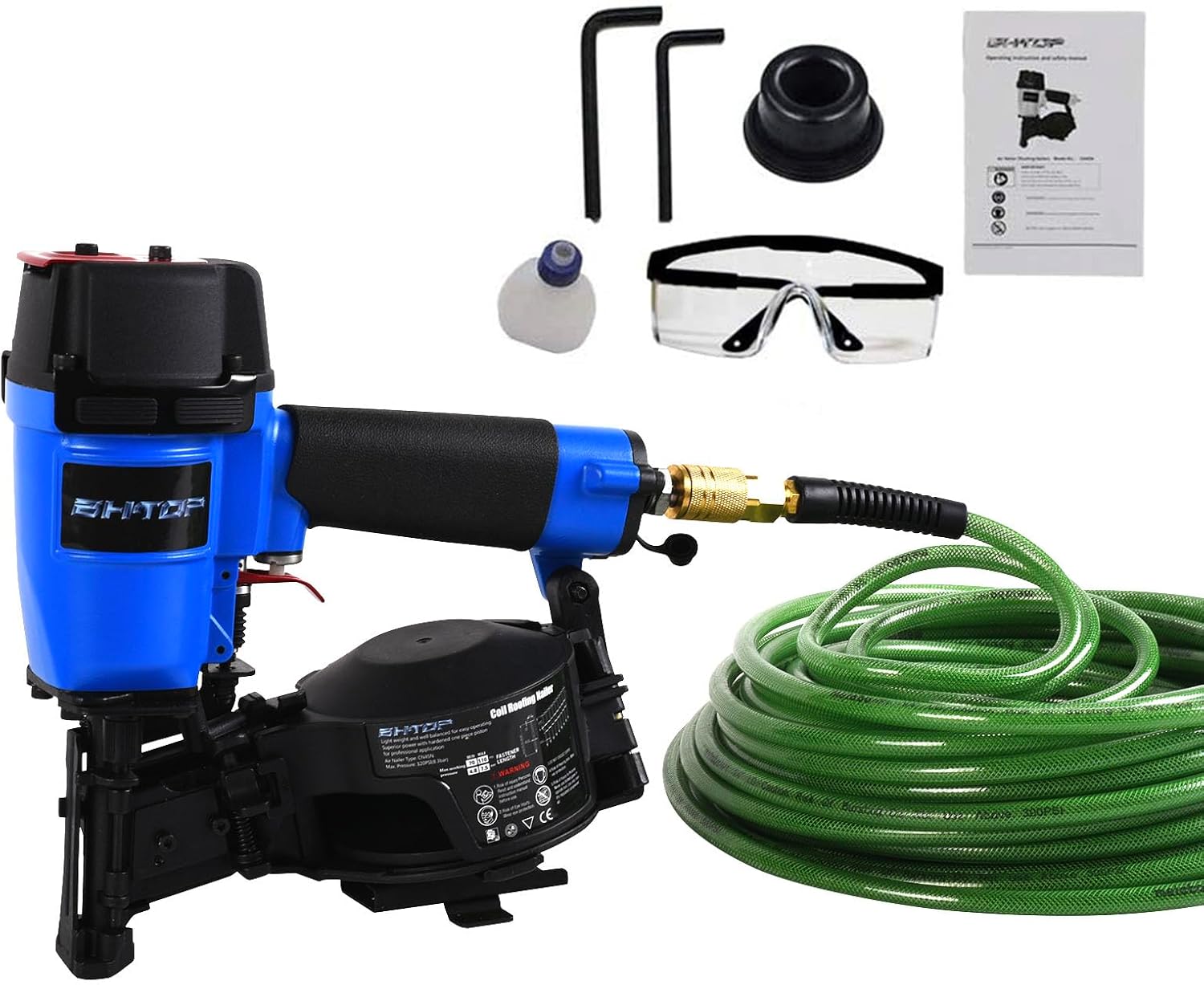 CN45N Roofing Nailer with 100Ft Air Hose, 15 Degree Roofing Nail Gun, 3/4-Inch to 1-3/4-Inch Coil Nails, 120-pcs Load Capacity Coil Nailer in Blue