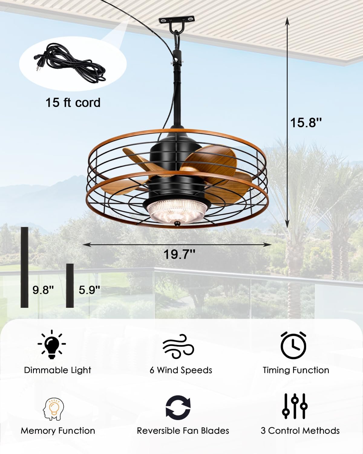 20' Outdoor Ceiling Fan with Lights and Remote Control, Black Gazebo Ceiling Fans 6 Speeds, Portable Hanging Waterproof Caged Ceiling Fan with Dimmable LED Lights for Gazebo, Patios
