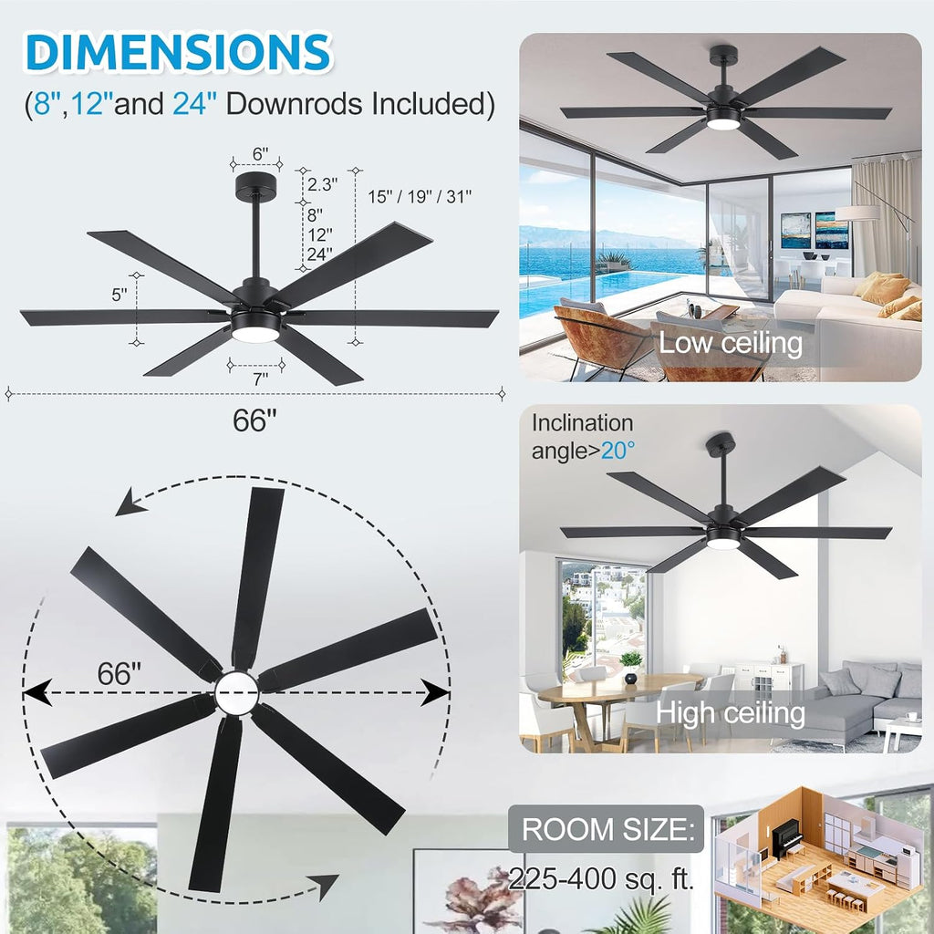 66 Inch Outdoor Ceiling Fan with Light, Large Matte Black Industrial Ceiling Fan with 6 Reversible Blades, High CFM Quiet DC Motor Exterior Fan for Porch Garage Shop Commercial