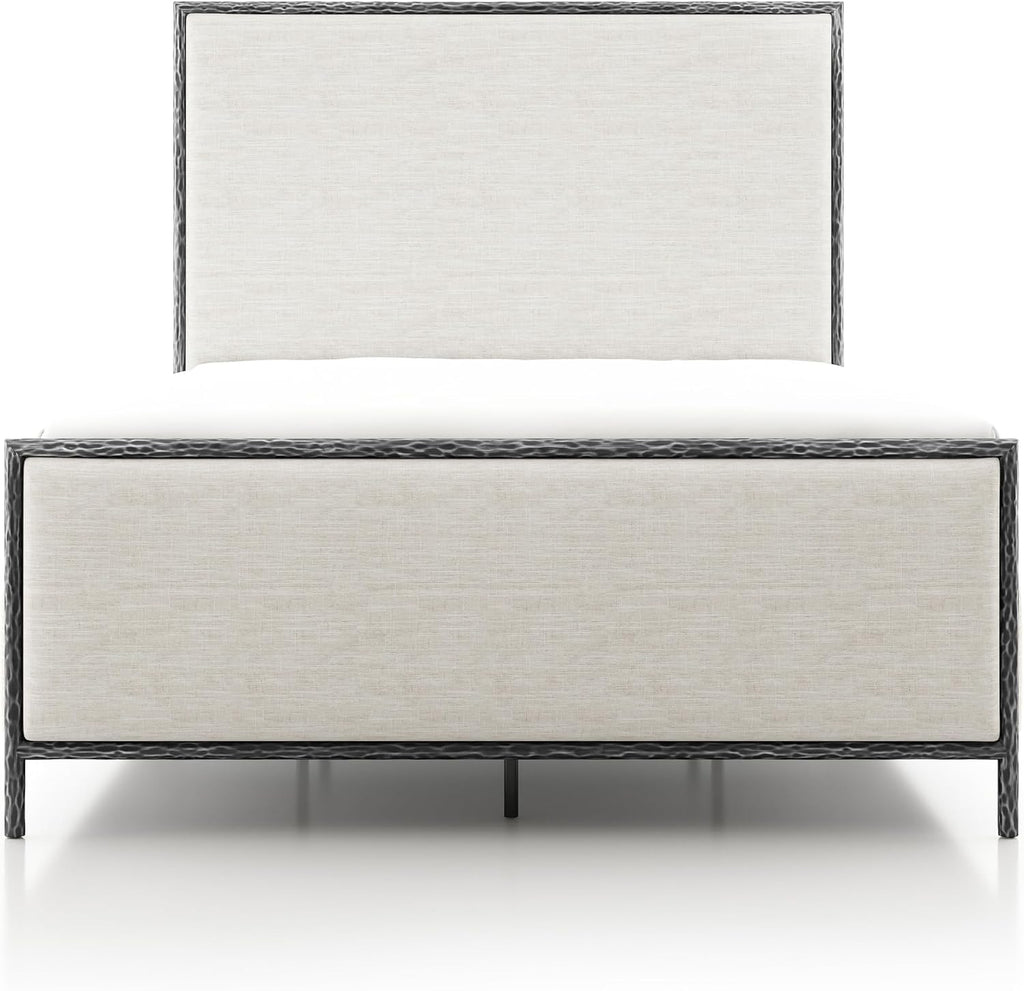 24/7 Shop at Home Lalia Hammered Metal 2-Piece Bedroom Collection, Upholstered Bed Frame with Beige Fabric Headboard, Forged Steel and 1-Shelf Nightstand, Foundation Required, Queen, Matte Grey