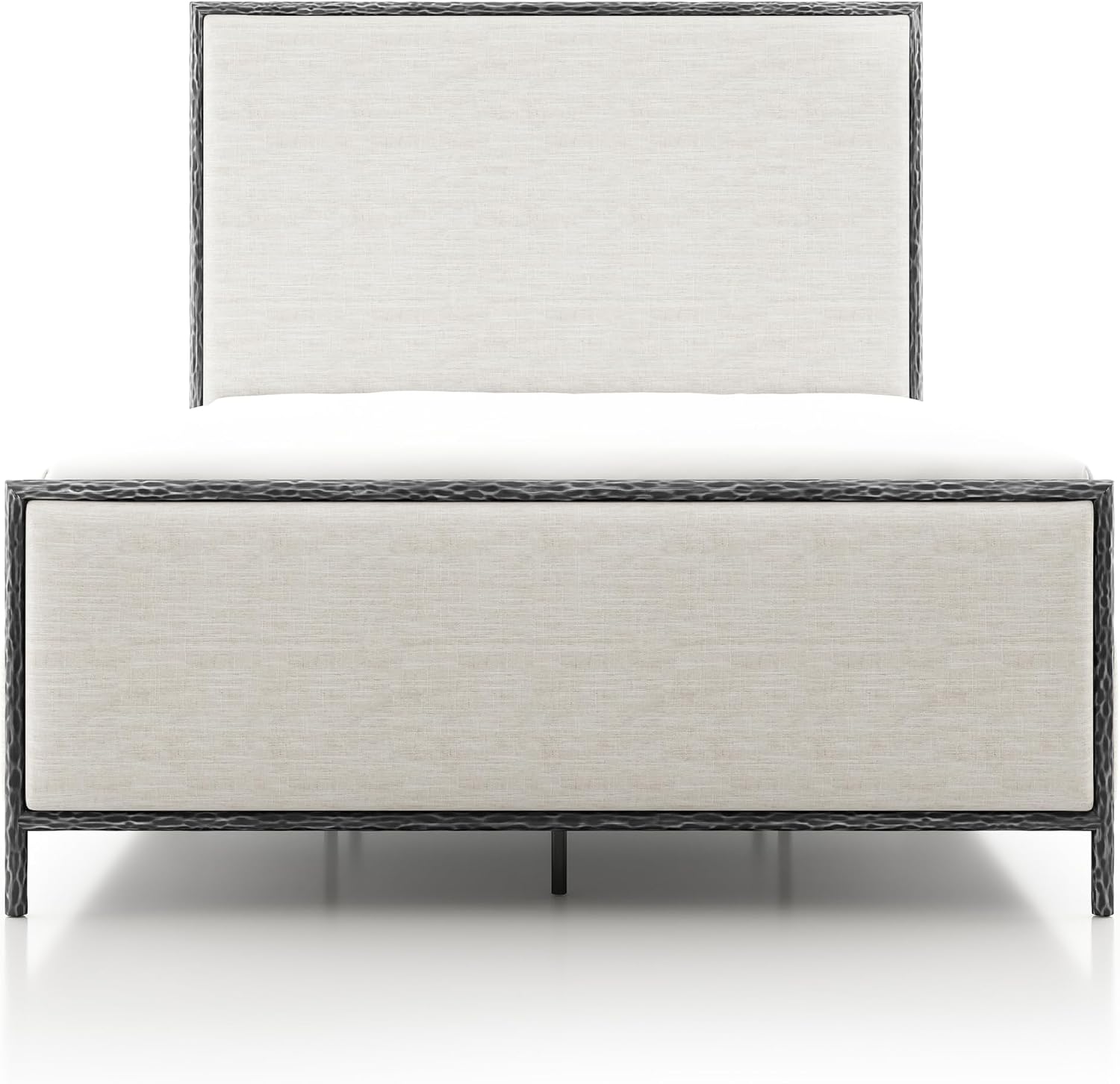 24/7 Shop at Home Lalia Hammered Metal 2-Piece Bedroom Collection, Upholstered Bed Frame with Beige Fabric Headboard, Forged Steel and 1-Shelf Nightstand, Foundation Required, Queen, Matte Grey