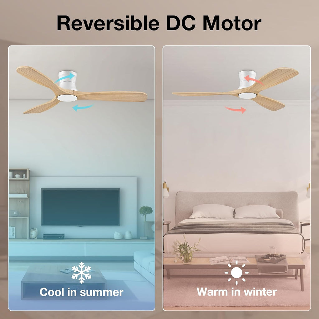 52' Wood Ceiling Fans with Lights Remote,Low Profile Flush Mount Ceiling Fan with Light,Outdoor Indoor Modern Ceiling fans for Bedroom Living room Patio,Light Wood&White,3 Blades,Dimmable LED,Quiet
