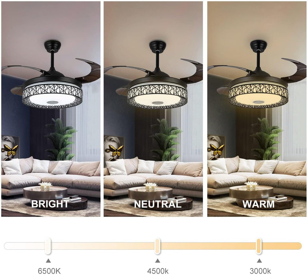 42' Retractable Ceiling Fans with Lights and Remote Control, Invisible Modern Chandelier Fan Lighting with Bluetooth Speaker Play Music 7 Colorful Dimmable Fixture for Bedroom/Living Room