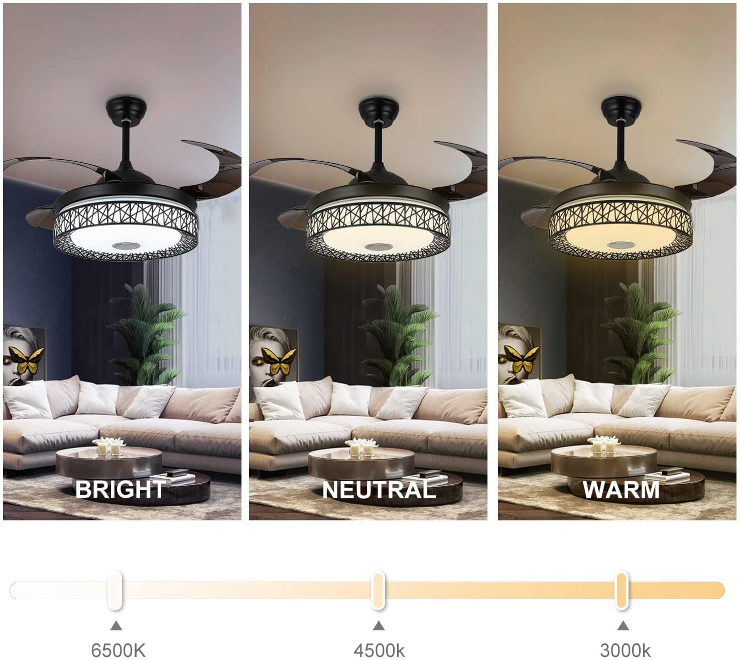 42' Retractable Ceiling Fans with Lights and Remote Control, Invisible Modern Chandelier Fan Lighting with Bluetooth Speaker Play Music 7 Colorful Dimmable Fixture for Bedroom/Living Room