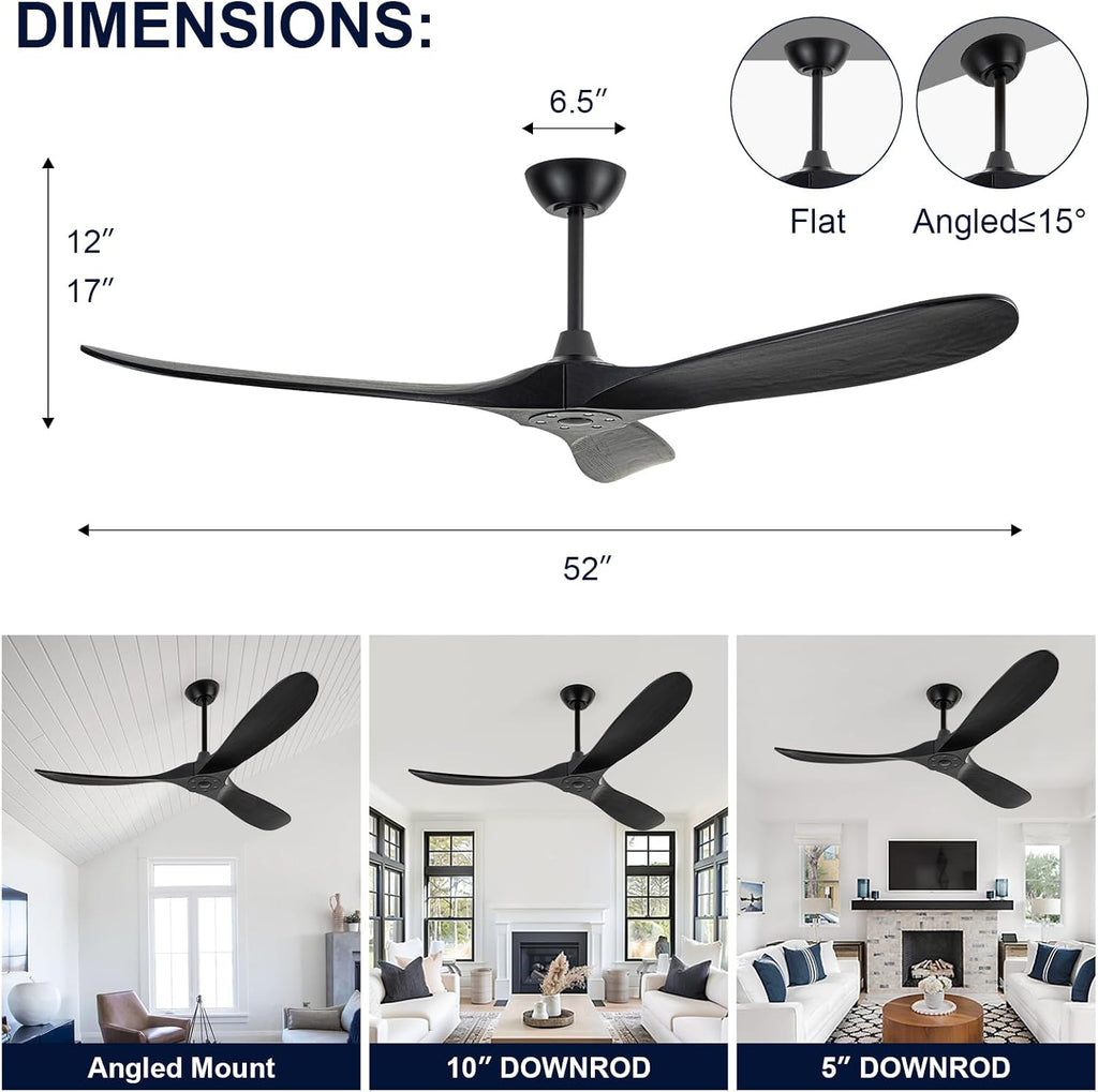 52' Ceiling Fans without Lights, Ceiling Fan no Light with 3 Blades, Solid Wood Ceiling Fan with Remote Control and DC Motor, Indoor Outdoor Ceiling Fans for Patios-Black
