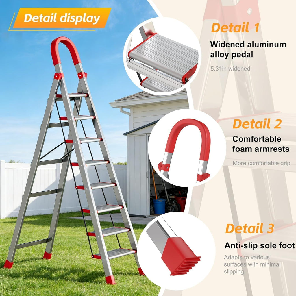 9 Step Ladder,Heavy Duty Step Stool with Non-Slip and Widen Pedals,Step Ladder with Safe Handrail,Space Saving for Home,Kitchen,Indoor & Outdoor