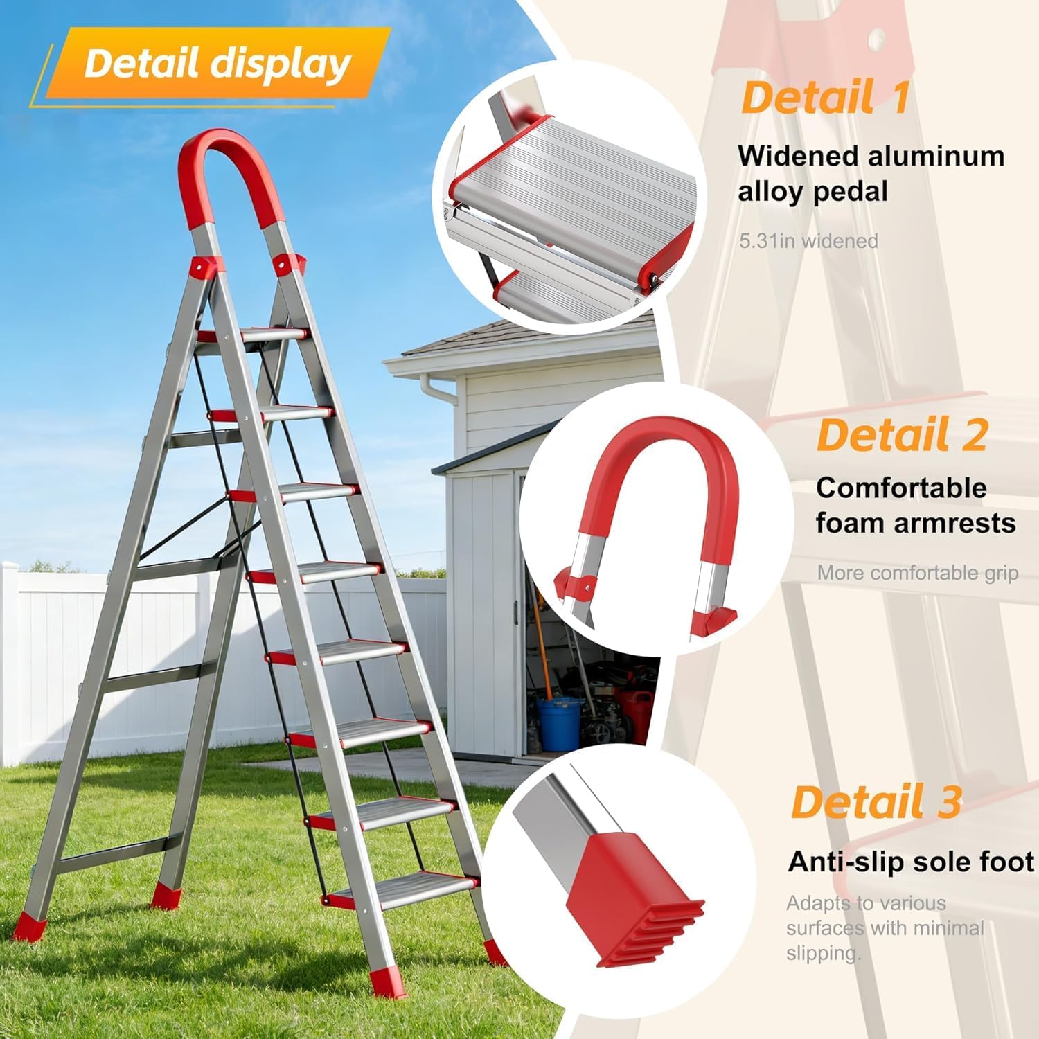 9 Step Ladder,Heavy Duty Step Stool with Non-Slip and Widen Pedals,Step Ladder with Safe Handrail,Space Saving for Home,Kitchen,Indoor & Outdoor