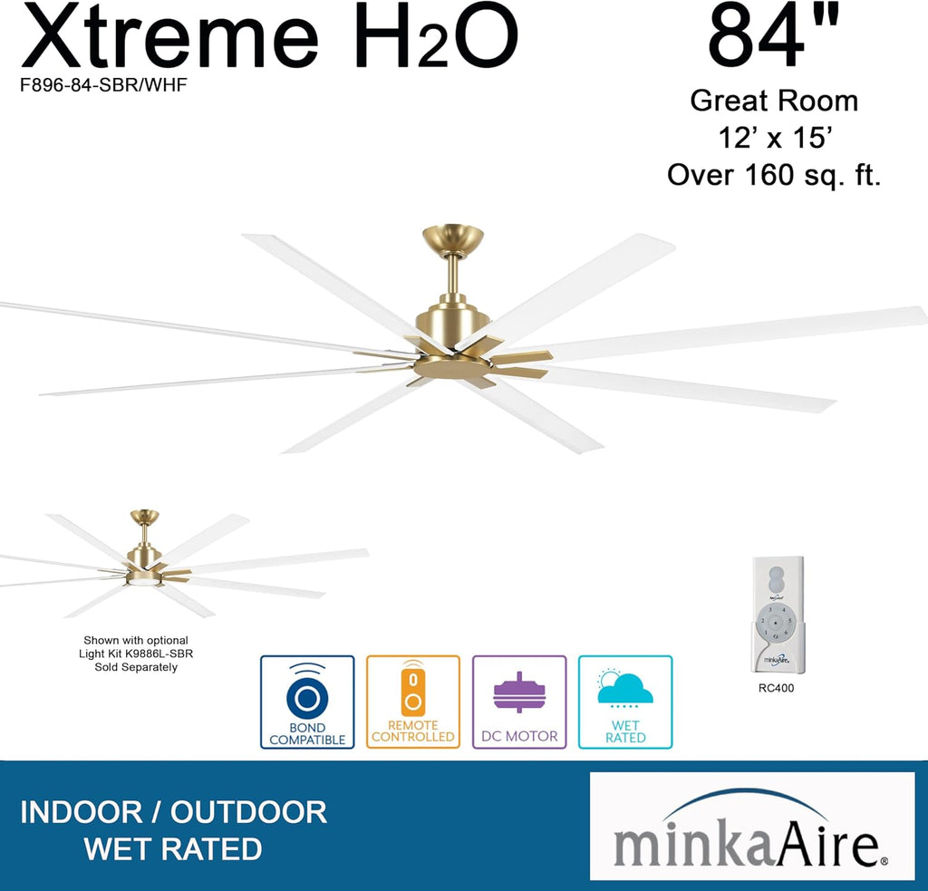 MINKA-AIRE F896-84-SBR/WHF Xtreme H2O 84 Inch DC Motor Outdoor Ceiling Fan with Remote Control in Soft Brass Finish with Flat White Blades