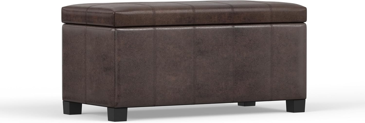 SIMPLIHOME Dover Storage Ottoman Bench - 36 inch Wide Upholstered Vegan Leather Rectangular Lift-Top Ottoman in Distressed Brown, Contemporary Bench for Living Room with Safety Hinges