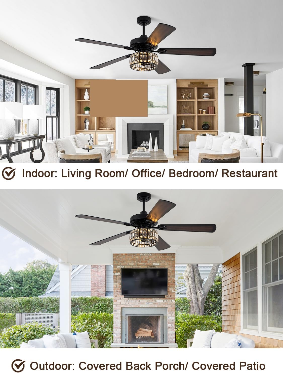 60 Inch Crystal Ceiling Fan with Lights Remote Large Chandelier Ceiling Fan Crystal Caged Fandelier, Indoor Outdoor 5 Dual Blades Reversible Quiet DC Motor 6 Speeds for Living Room Patio