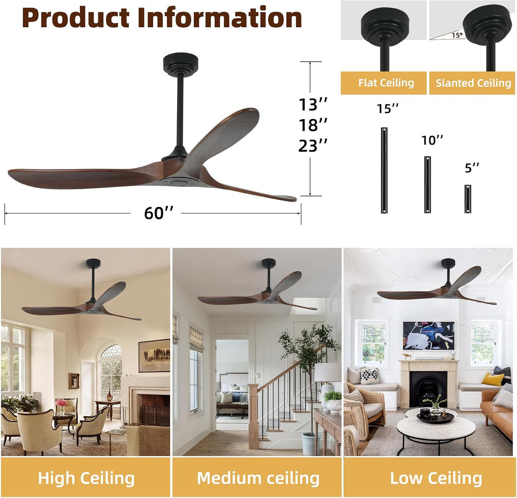Outdoor Ceiling Fan Without Light, 60 Inch Smart Ceiling Fan with Remote & Voice Control for Alexa/Google, 3-Blade Wood Fan, Quiet DC Motor, 6 Speeds for Patio, Porch, Farmhouse, Dark Walnut