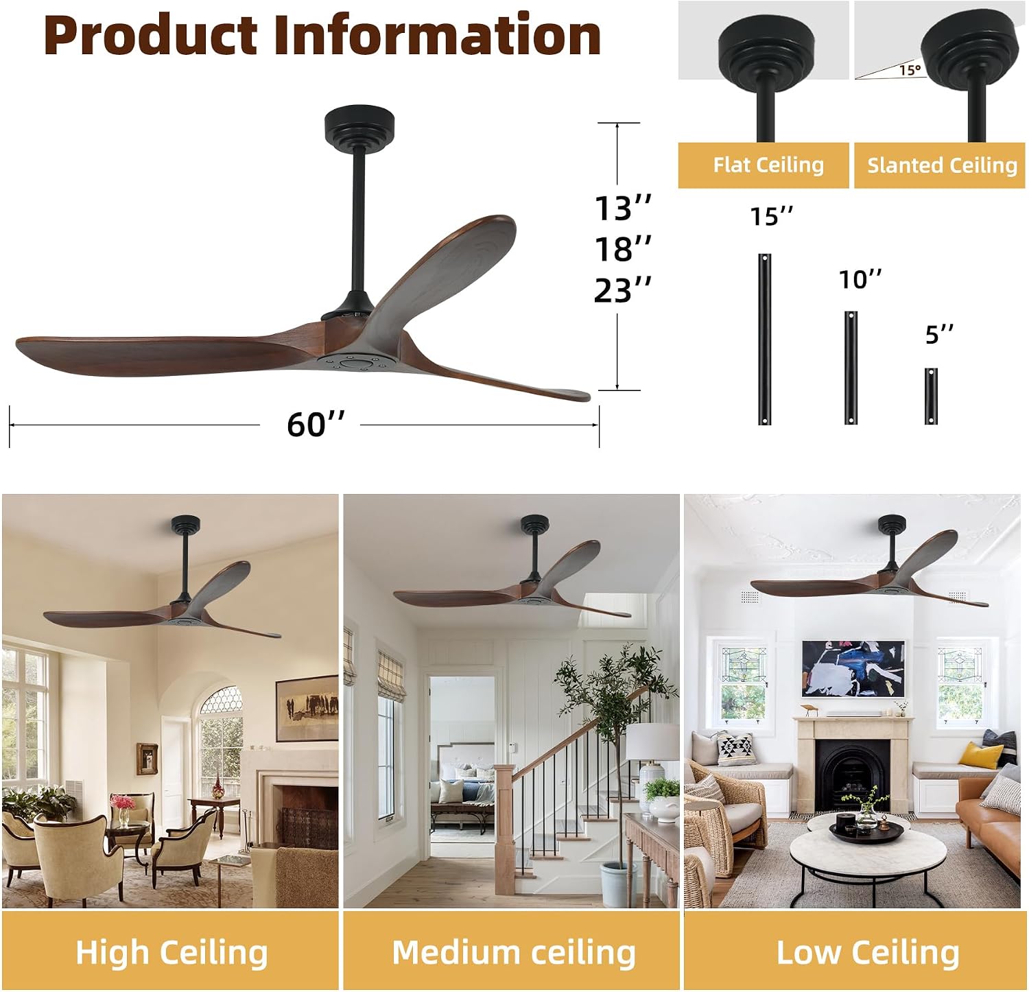 Outdoor Ceiling Fan Without Light, 60 Inch Smart Ceiling Fan with Remote & Voice Control for Alexa/Google, 3-Blade Wood Fan, Quiet DC Motor, 6 Speeds for Patio, Porch, Farmhouse, Dark Walnut