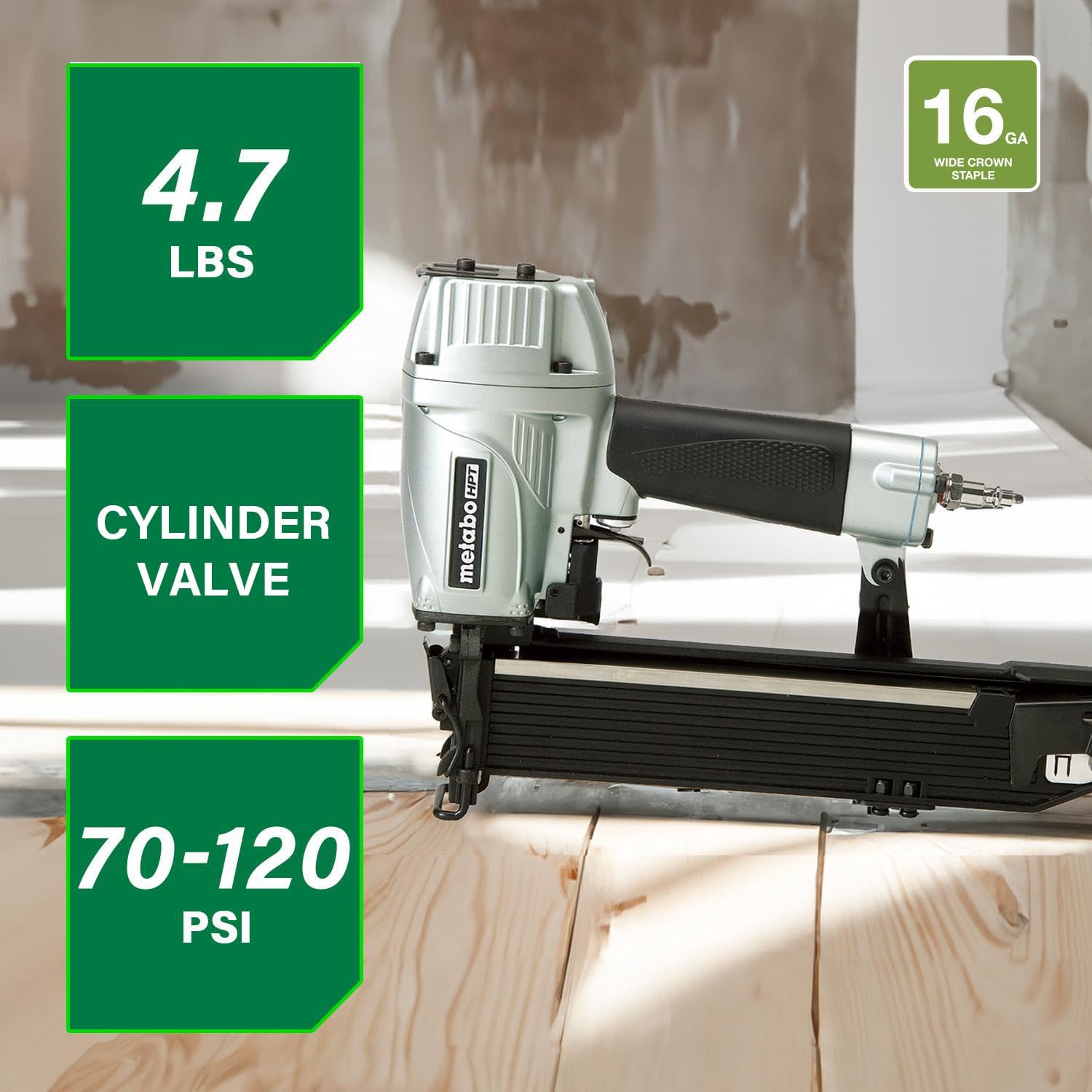 Metabo HPT 15/16 Inch Wide Crown Stapler, Pro-preferred Pneumatic Power Nailers, Fastening Tool for Wire Lathing, Housewrap, Roofing & Insulation, 16 Gauge, 5/8'to 2' Crown Staples, N5021A