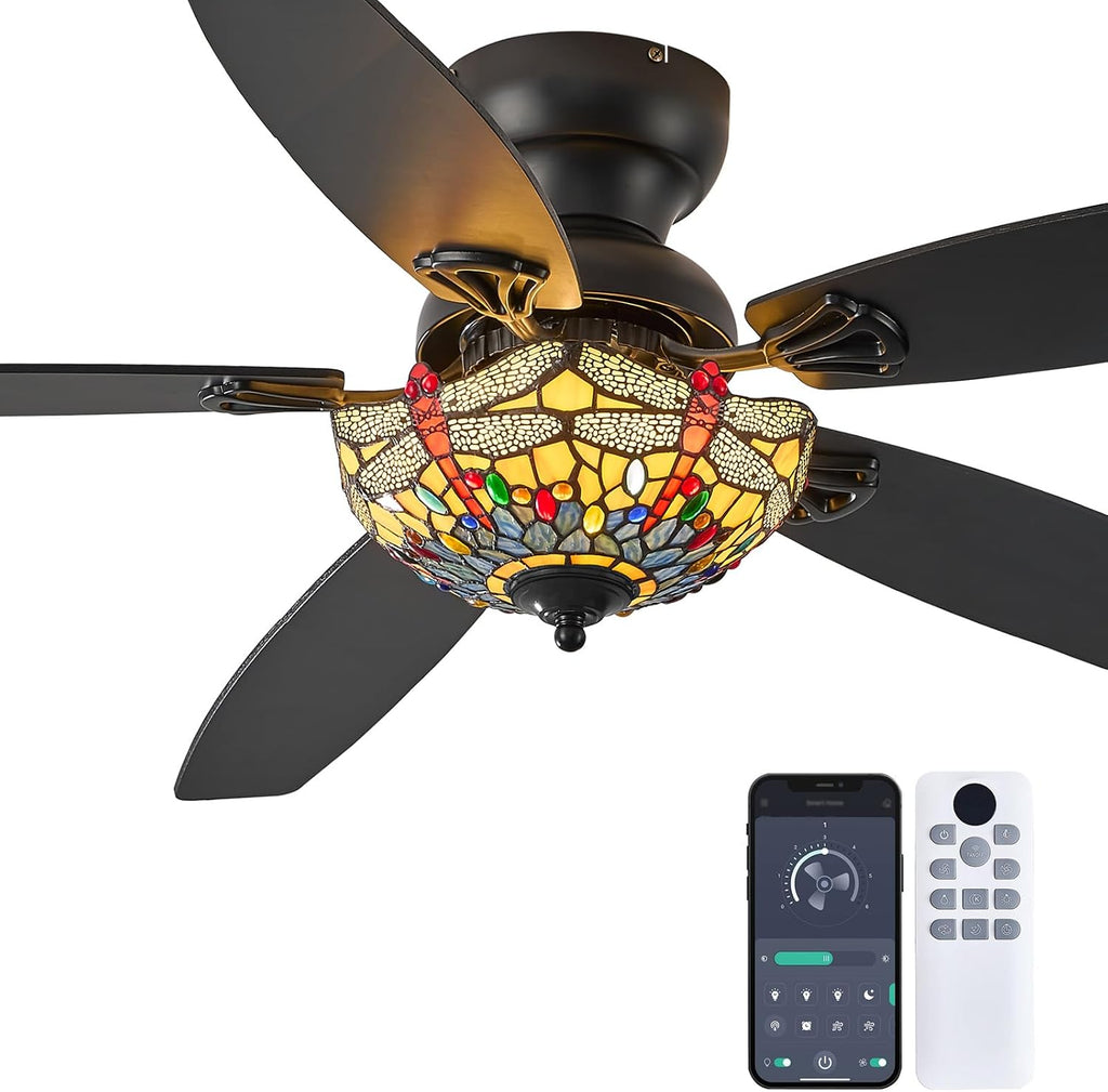 Tiffany Ceiling Fans with Lights - 52' Ceiling Fan Chandelier with 5 Dual-Blades and Glass Shade, 6 Speeds and Reversible, Indoor and Outdoor, Retro Style