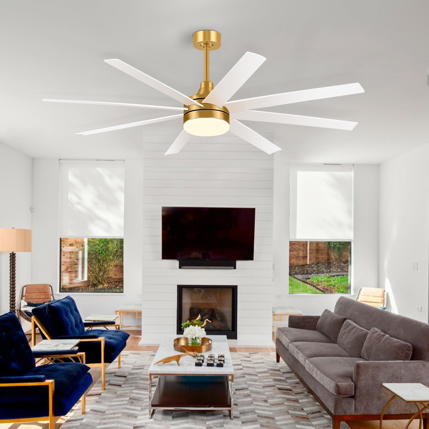 65 Inch Ceiling Fan with Lights and Remote, 8 ABS Blades, Quiet Reversible DC Motor, 6-Speed, Timer Function, 3 Color Led Light Chandelier, Industrial Ceiling Fans for Bedroom Office (Gold & White)