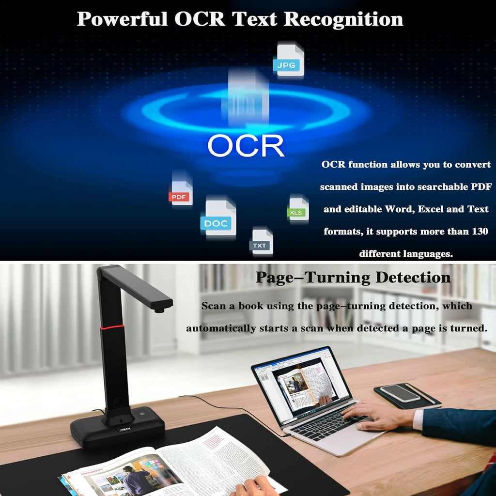 Large Format Book Scanner, Capture Size A2, 23MP High Resolution, with Auto-Flatten, Fingerprint Removal Technologies, Adjustable Height, Multi-Language OCR
