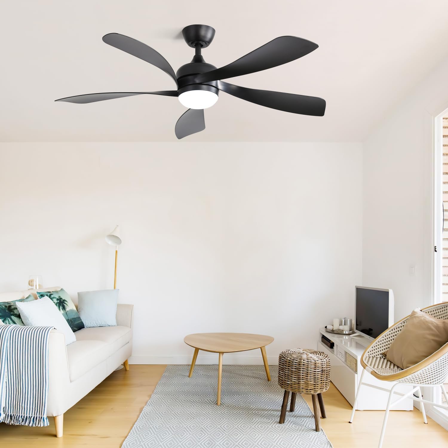 45-Inch Matte Black Smart Ceiling Fan with DC Motor, Alexa Control, Tri-Color LED Lighting, Reversible Operation