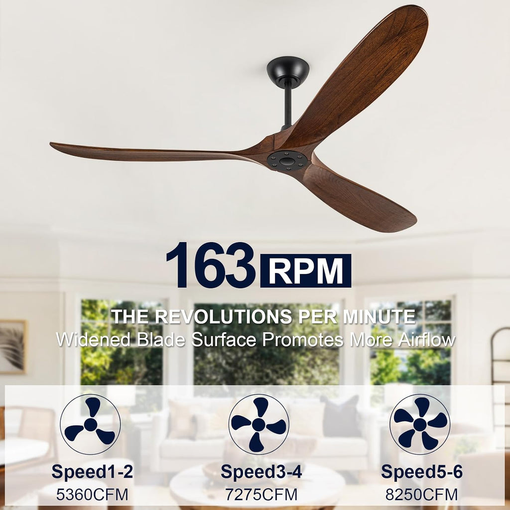 72 inch Ceiling Fans Without Lights, Large Ceiling Fan no Light, Wet Rated Outdoor Ceiling Fans for Patios Outside Porch, High CFM speed DC Motor, 3 Blade Walnut Wood Ceiling Fan with Remote