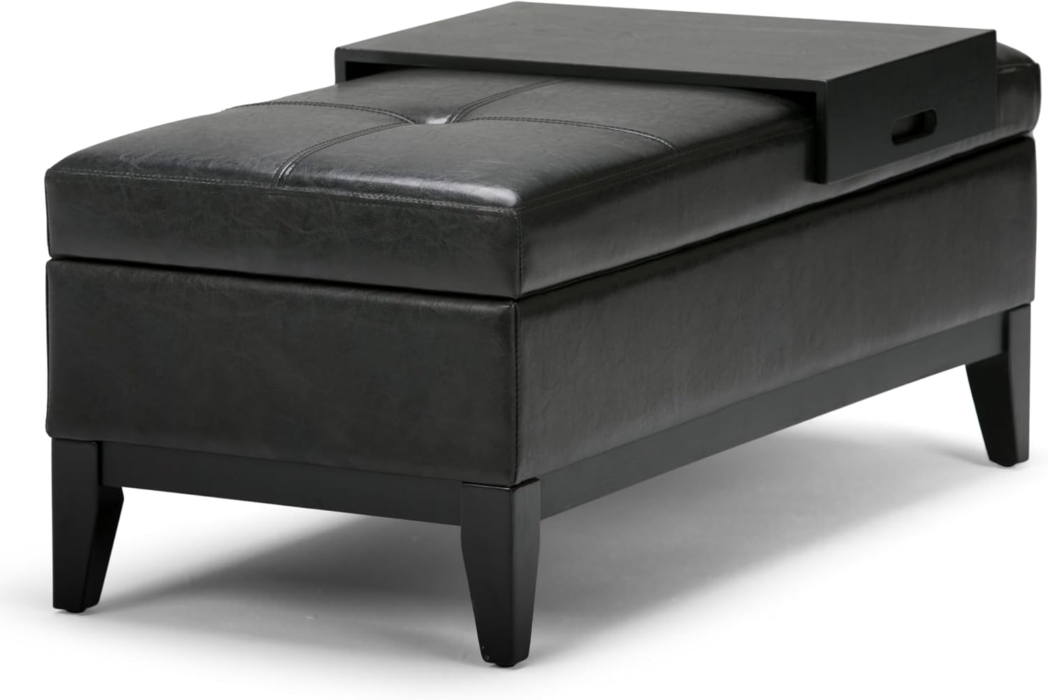 SIMPLIHOME Oregon Storage Ottoman Bench with Tray - 42 inch Wide Upholstered Vegan Leather Rectangle Ottoman Bench in Midnight Black, Transitional Tufted Ottoman for Living Room with Lift-Up Lid