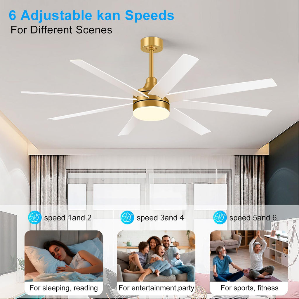 65 Inch Ceiling Fan with Lights and Remote, 8 ABS Blades, Quiet Reversible DC Motor, 6-Speed, Timer Function, 3 Color Led Light Chandelier, Industrial Ceiling Fans for Bedroom Office (Gold & White)
