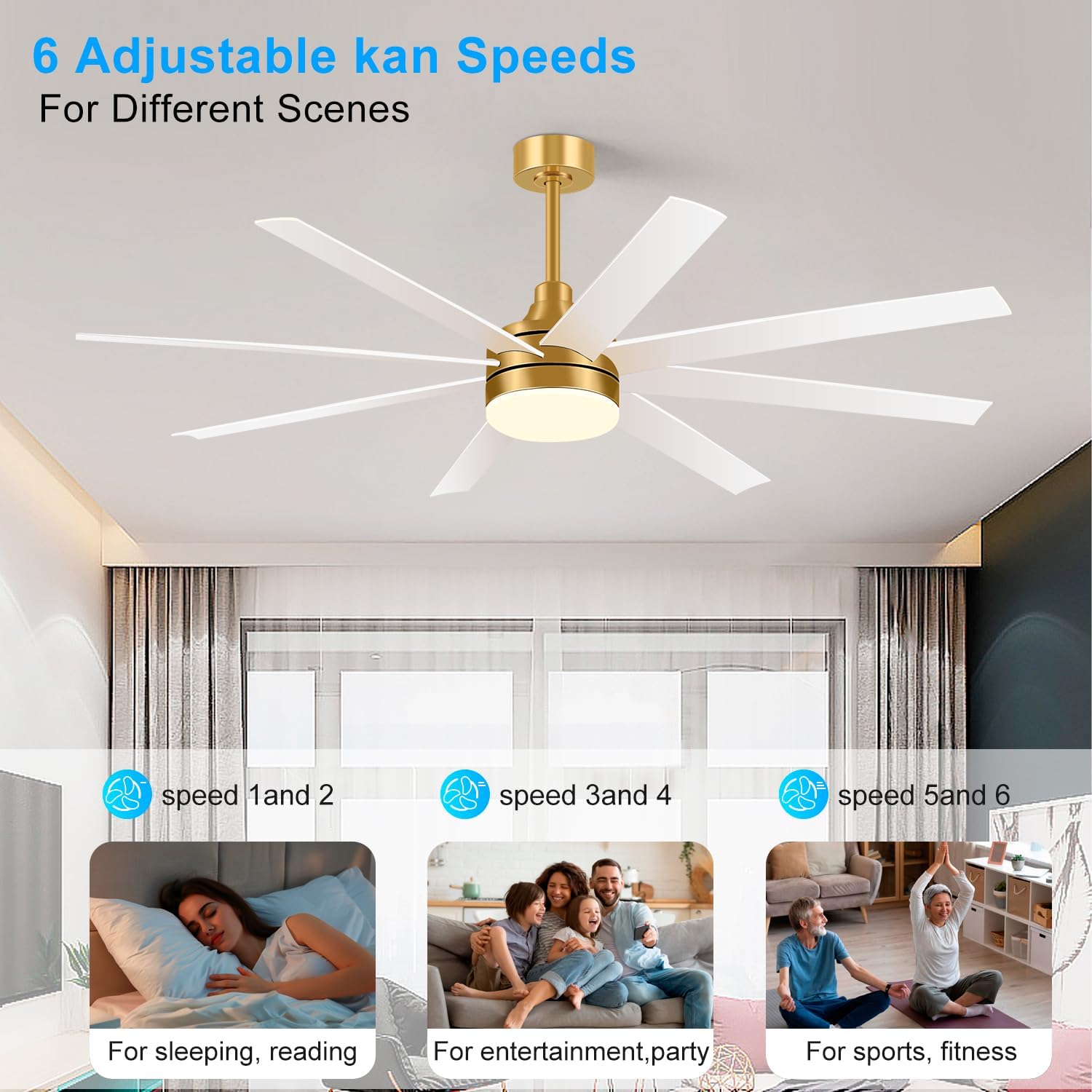 65 Inch Ceiling Fan with Lights and Remote, 8 ABS Blades, Quiet Reversible DC Motor, 6-Speed, Timer Function, 3 Color Led Light Chandelier, Industrial Ceiling Fans for Bedroom Office (Gold & White)