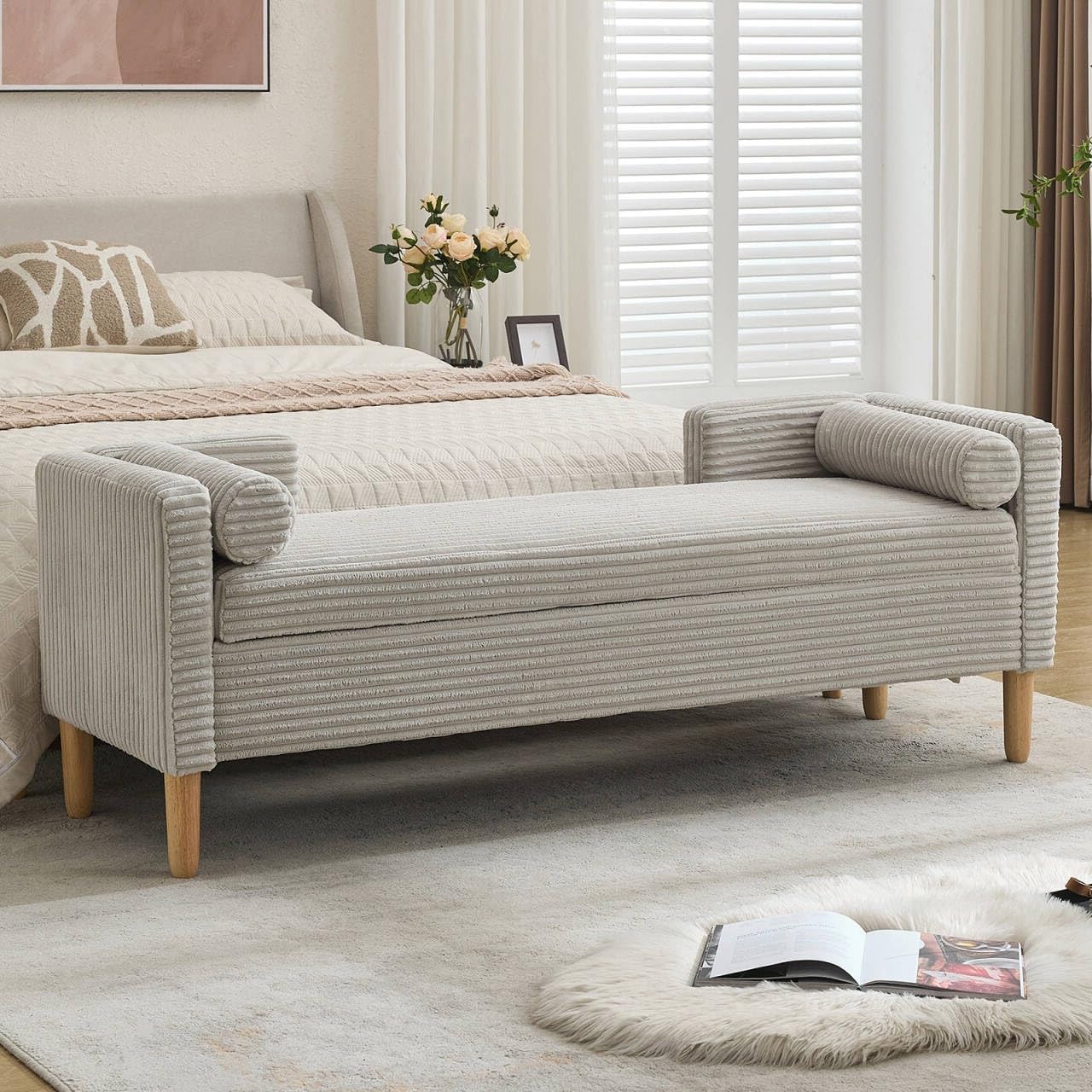 NIOIIKIT 65' Large Storage Ottoman Bench with 2 Pillows, Corduroy Upholstered Entryway Bench with Wood Leg, End of Bed Bench with Straight Armrest, Window Bench for Bedroom, Entryway (Light Grey)