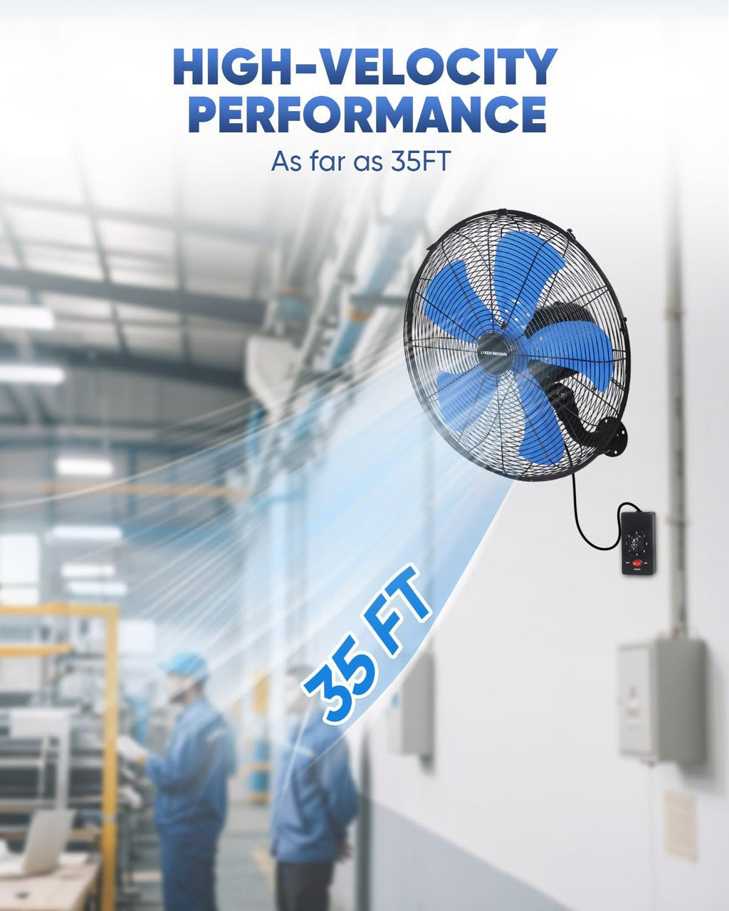 KEN BROWN 18 Inch 3-Speed High Velocity Industrial Oscillating Fan, Wall Mount Fan with Max. 4200 CFM, Seperated Switch and 5 Blades, Heavy Duty Metal for Household/Patio/Workshop, Blue
