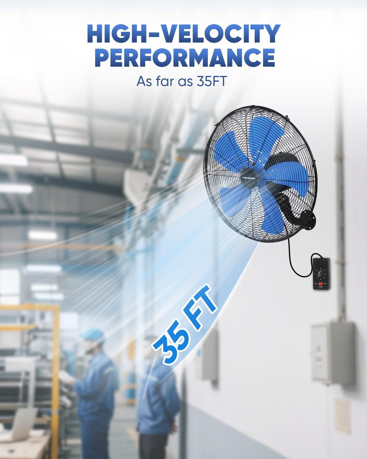 KEN BROWN 18 Inch 3-Speed High Velocity Industrial Oscillating Fan, Wall Mount Fan with Max. 4200 CFM, Seperated Switch and 5 Blades, Heavy Duty Metal for Household/Patio/Workshop, Blue