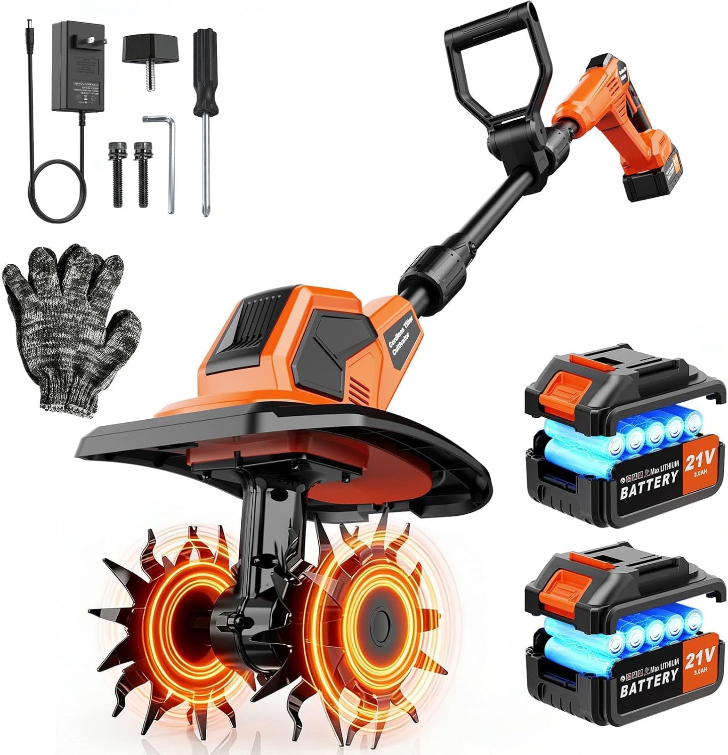20V Cordlees Tiller Cultivator for Gardening, 400RPM Brushless Electric Garden Tiller Battery Powered((2*3.0Ah Battery&Charger), 9.5'Width 7'Depth, Garden Rototiller for Yard/Lawn/Soil Tiller (Orange)