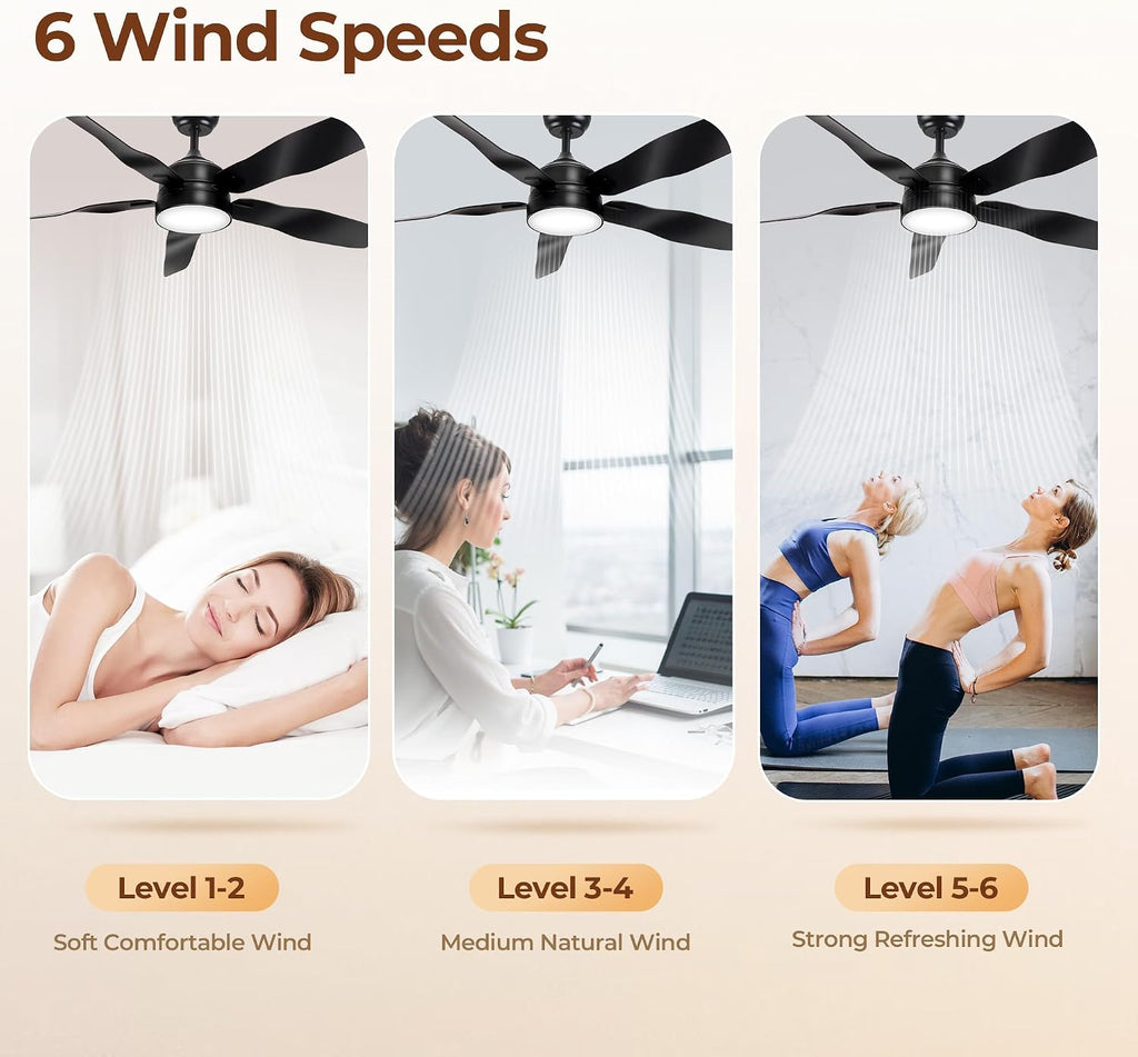 LAC D' LIGHTINGS Ceiling Fans with Lights, 52 Inch Black Ceiling Fan with Light and Remote 3 Color 6 Speed Adjustable, Noiseless DC Motor, Outdoor Fan for Indoor Outdoor Patio Farmhouse Bedroom