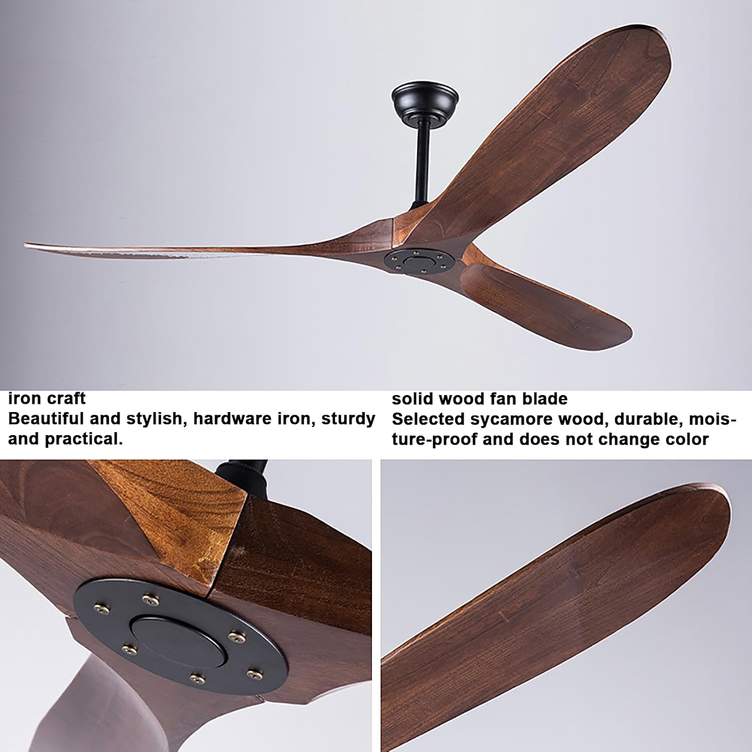 Ceiling Fan with Remote, Log Home Fan Retro Lamp Lighting, Modern Outdoor Matte Black Ceiling Fans for Patios, No Light Included