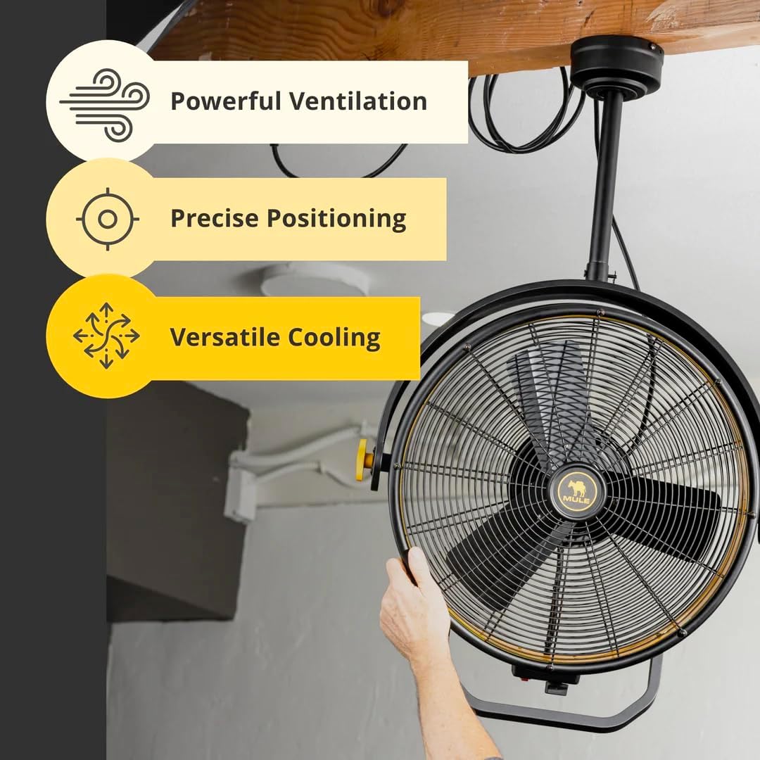 MULE GARAGE FAN, CEILING MOUNTED PLUG-IN CORD, 3 SPEED, POWERFUL 3000 CFM, INCLUDES 6-IN AND 12-IN DOWNRODS BLACK/YELLOW