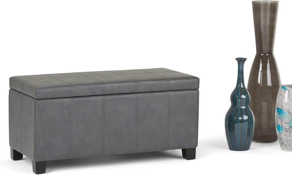 SIMPLIHOME Dover Storage Ottoman Bench - 36 inch Wide Upholstered Vegan Leather Rectangular Lift-Top Ottoman in Stone Grey, Contemporary Bench for Living Room with Safety Hinges