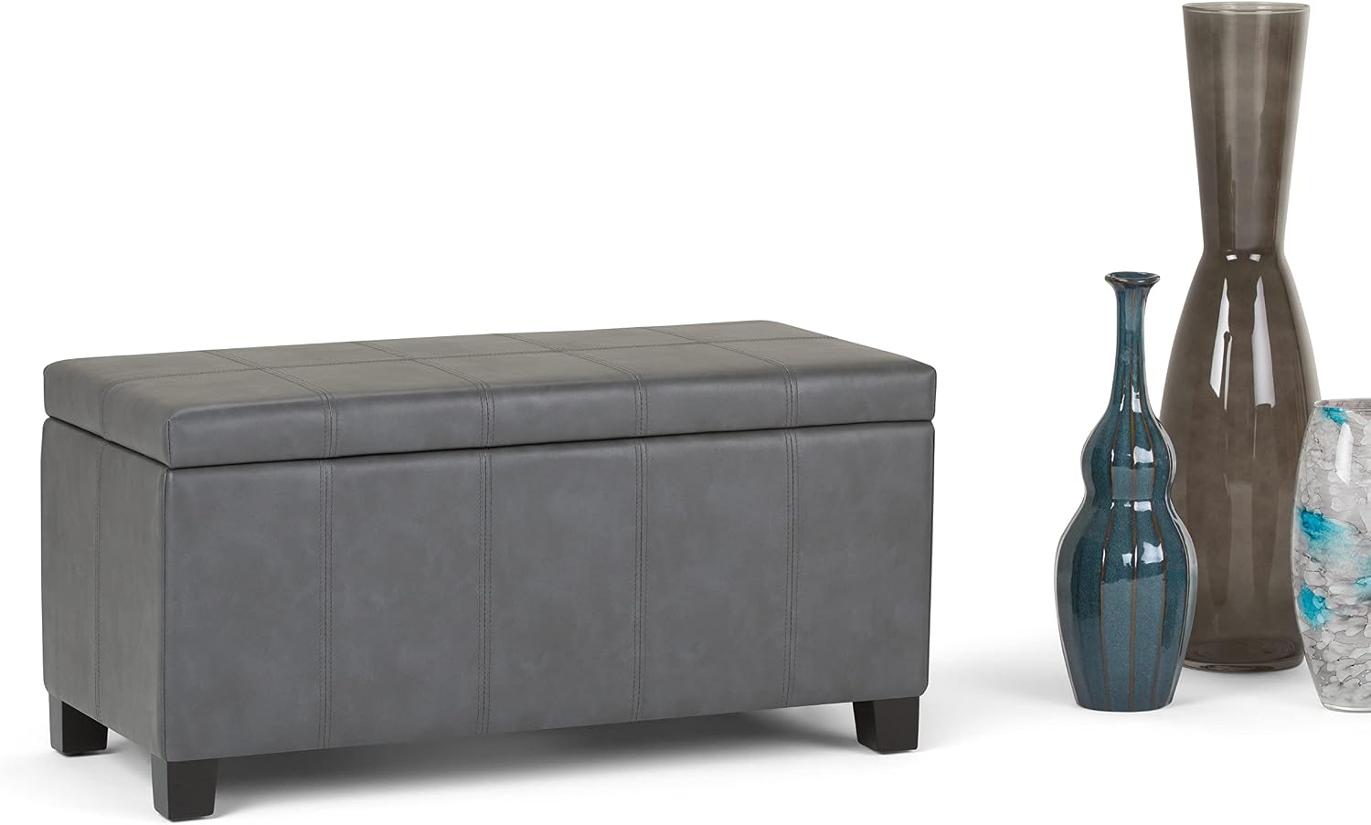 SIMPLIHOME Dover Storage Ottoman Bench - 36 inch Wide Upholstered Vegan Leather Rectangular Lift-Top Ottoman in Stone Grey, Contemporary Bench for Living Room with Safety Hinges