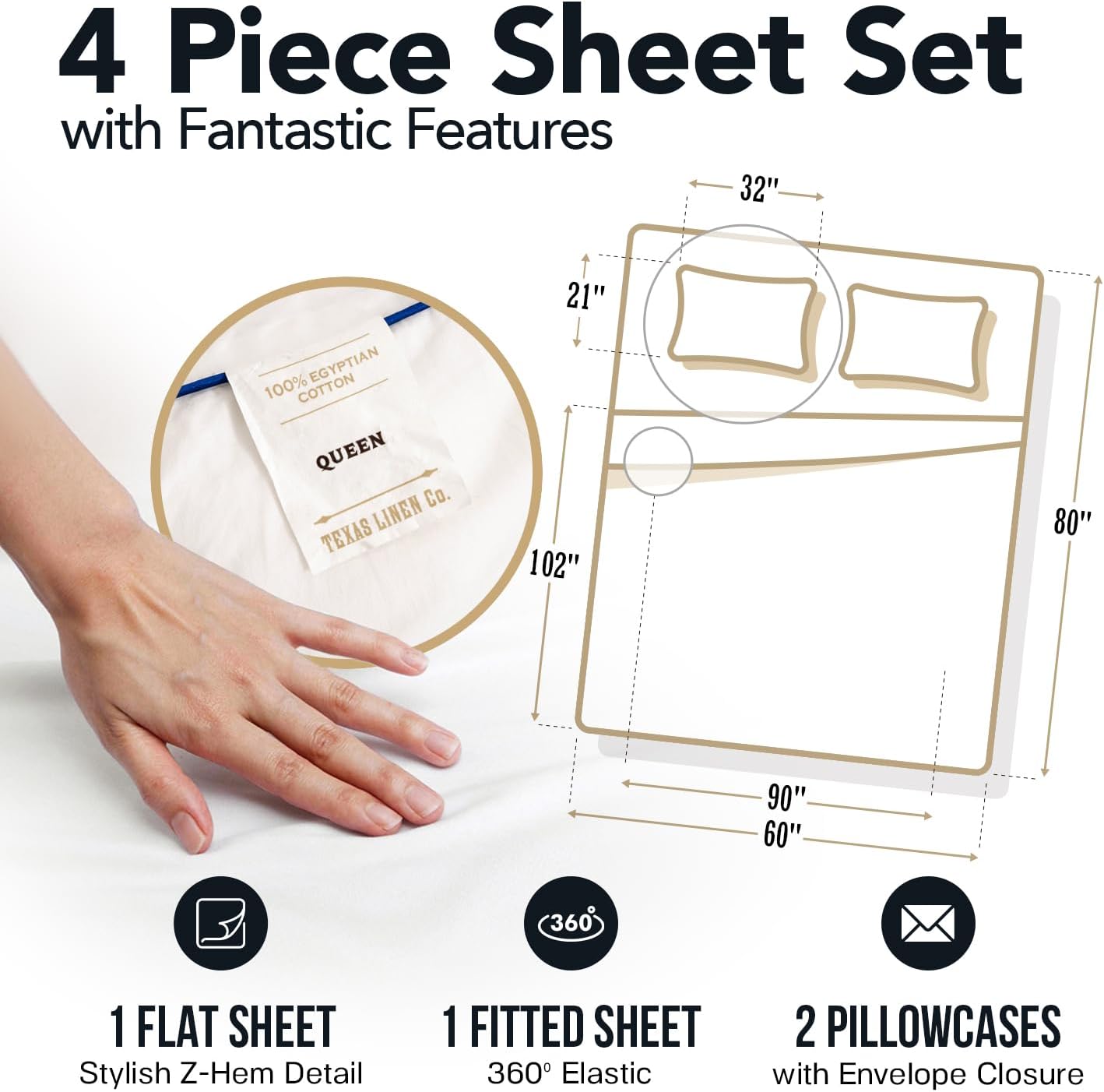TEXAS LINEN CO. 100% Egyptian Cotton Sheets Queen Size - 1500 Series High Thread Count Queen Bed Sheets Set (4 PC, White Stripe), 17' Deep Pocket Luxury Bedding Set - Couture Comfortin' Collection