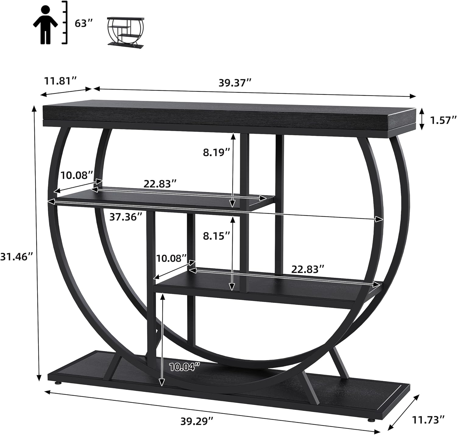 Garvee Entryway Table with Storage, Industrial 4-Tier Narrow Console Table Behind Couch with Half-Circle Base & Storage Shelves for Living Room, Hallway, Foyer