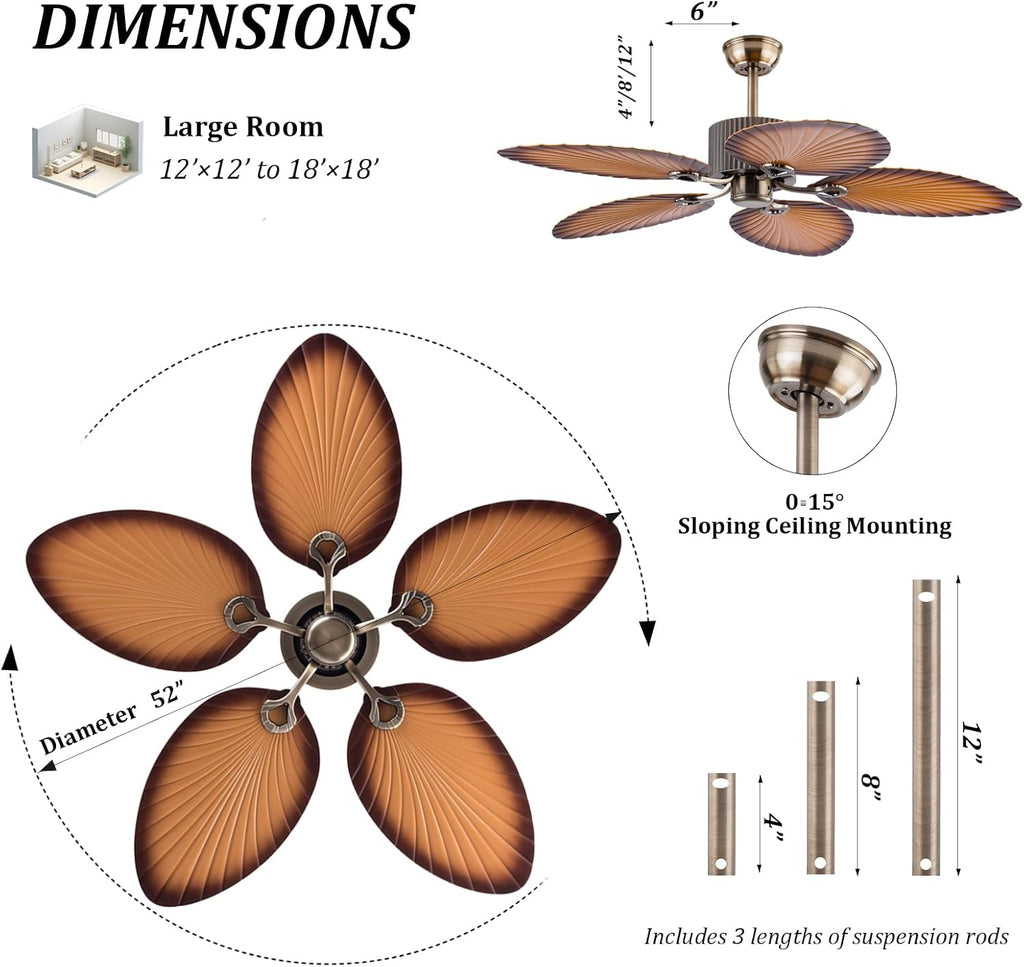 52inch Ceiling Fan Palm Island 5 Palm Leaf Blades No Light Remote Control Timer 6 Speeds Quiet DC Ceiling Fans Tropical Style Ceiling Fans Indoor Outdoor (Bronze+Coffee)