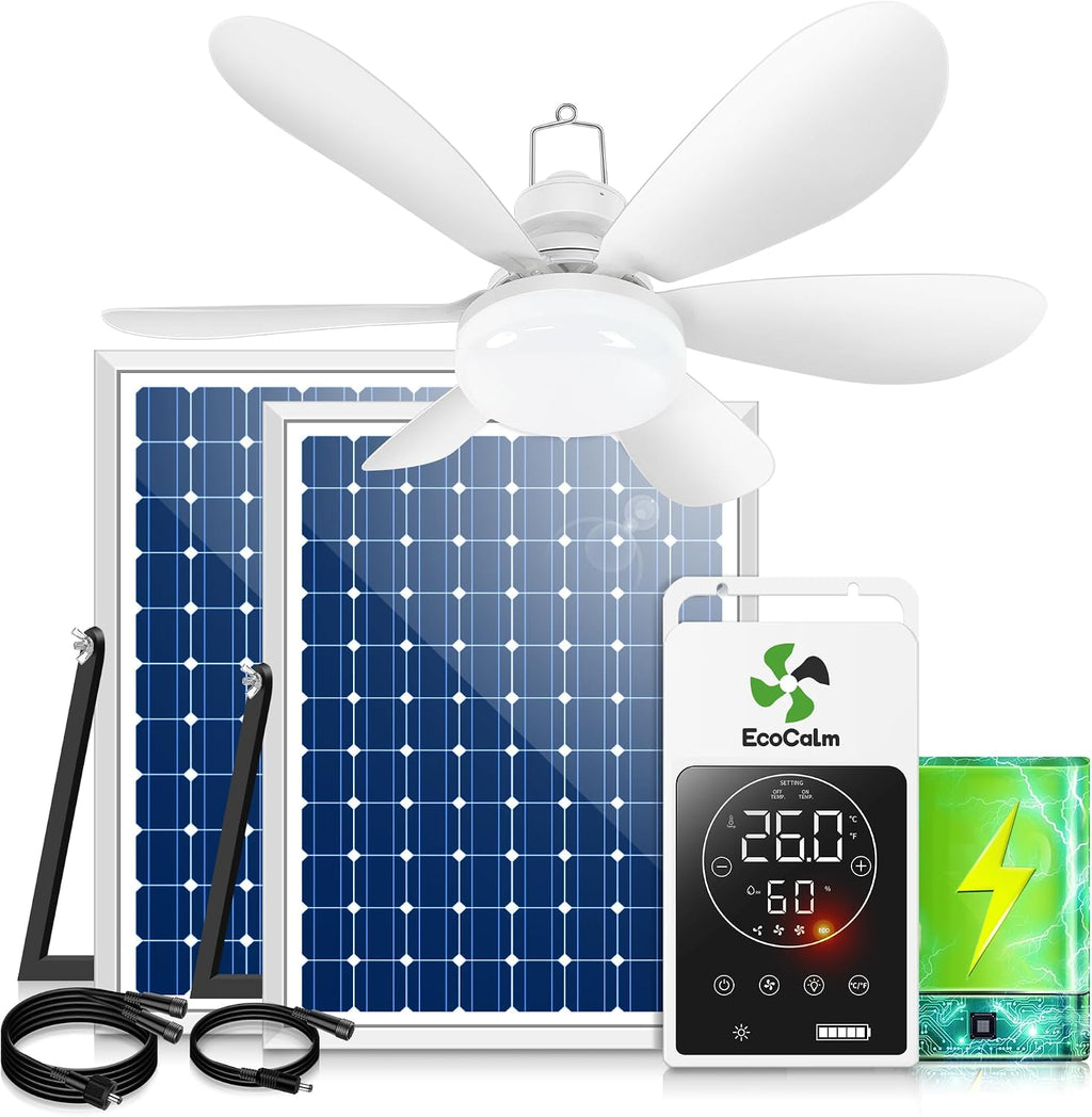 Solar Ceiling Fan with Adjustable Thermostat, 20' Outdoor Ceiling Fans with Battery & 2pcs 15W Bifacial Solar Panels, Solar Powered Fan Light for Gazebo, Chicken Coop, RV (White)