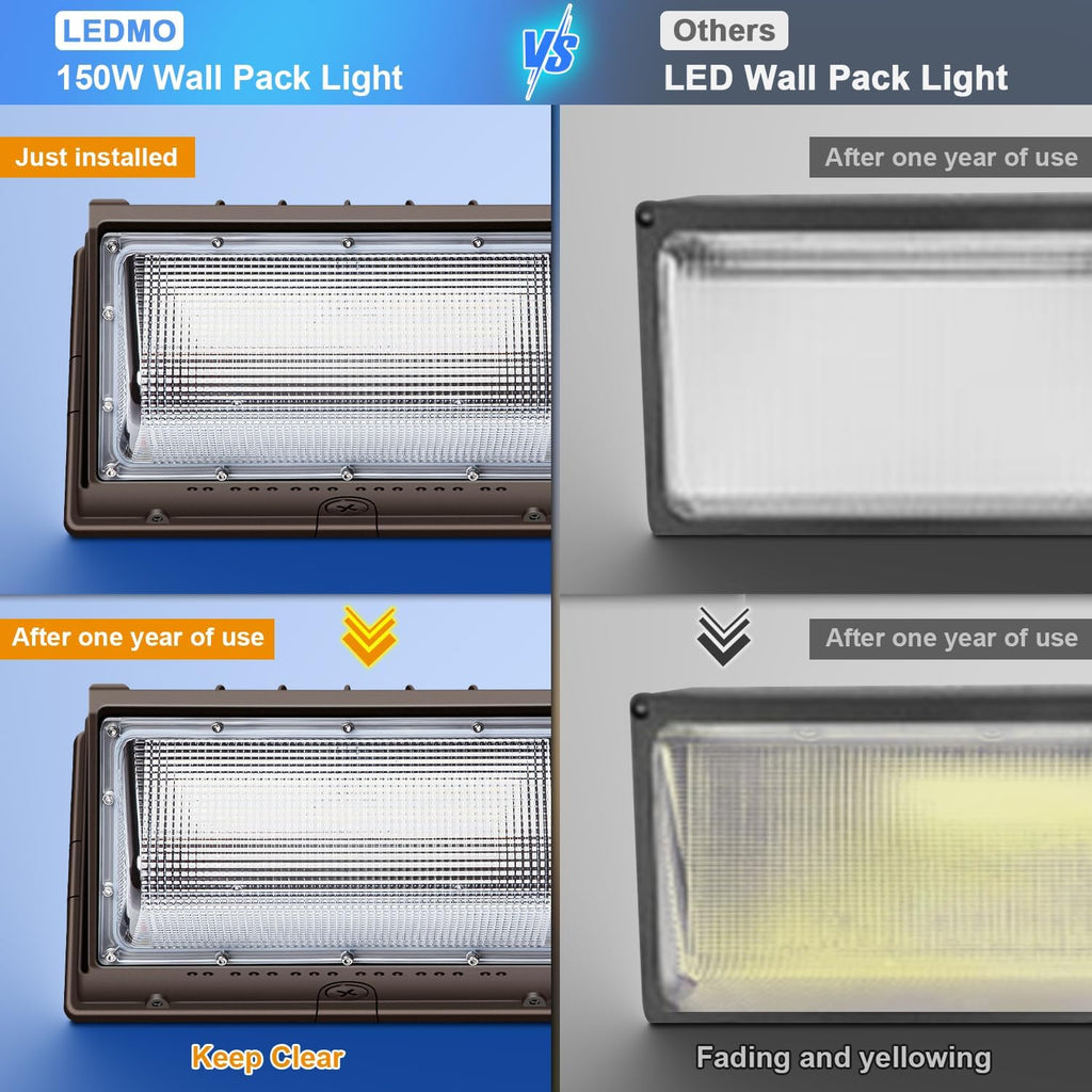 ledmo 150W Wall Pack Lights Outdoor LED Security Light with Photocell 5000K 4 Pack Dusk to Dawn IP65 Commercial Exterior Lighting Fixture 21000lm 100-277V Equivalent,Wall Mount for Backyard,Parking