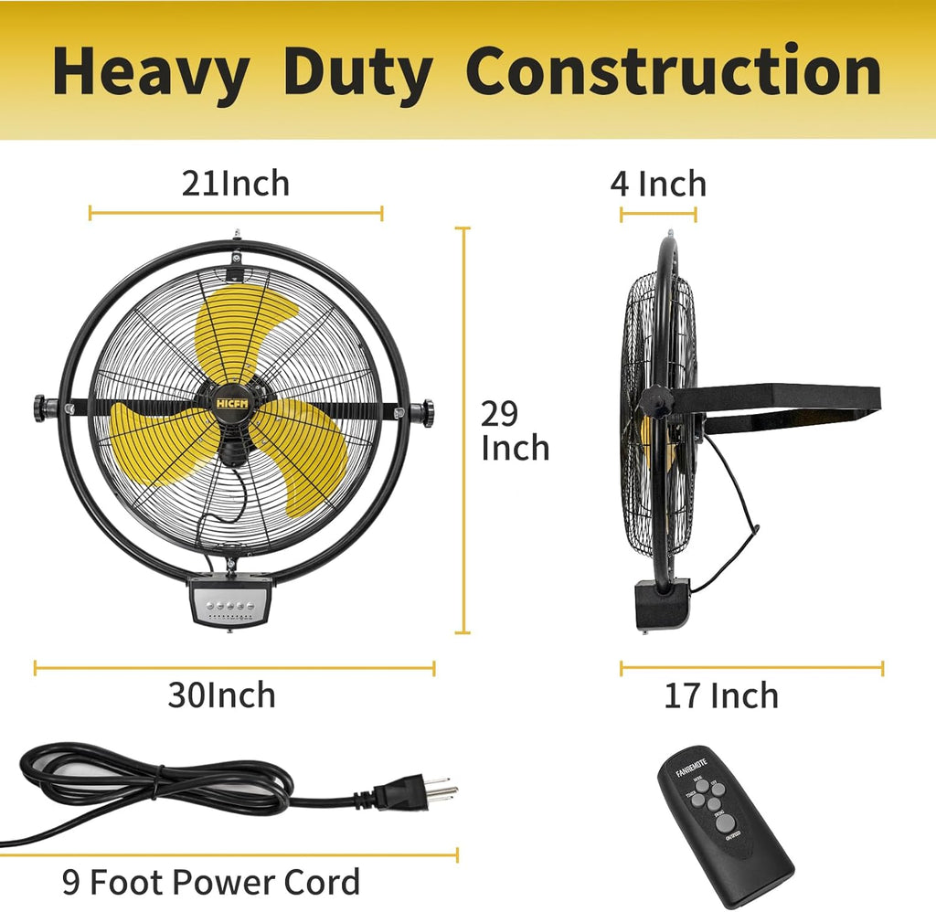 HiCFM 20' Remote Control Wall Mount Fan, 5100 CFM High Velocity 3-Speed Oscillating Wall Fans with Timer for Industrial, Commercial, Warehouse, Garage, Gazebo and Patios - UL Listed