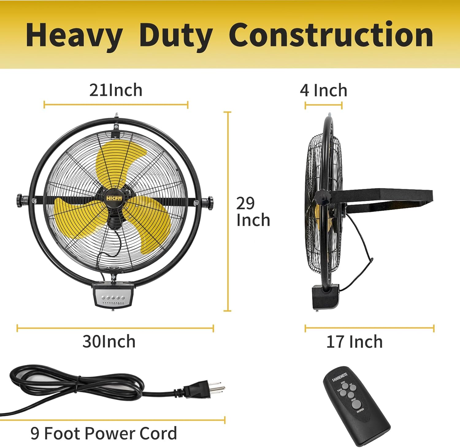 HiCFM 20' Remote Control Wall Mount Fan, 5100 CFM High Velocity 3-Speed Oscillating Wall Fans with Timer for Industrial, Commercial, Warehouse, Garage, Gazebo and Patios - UL Listed