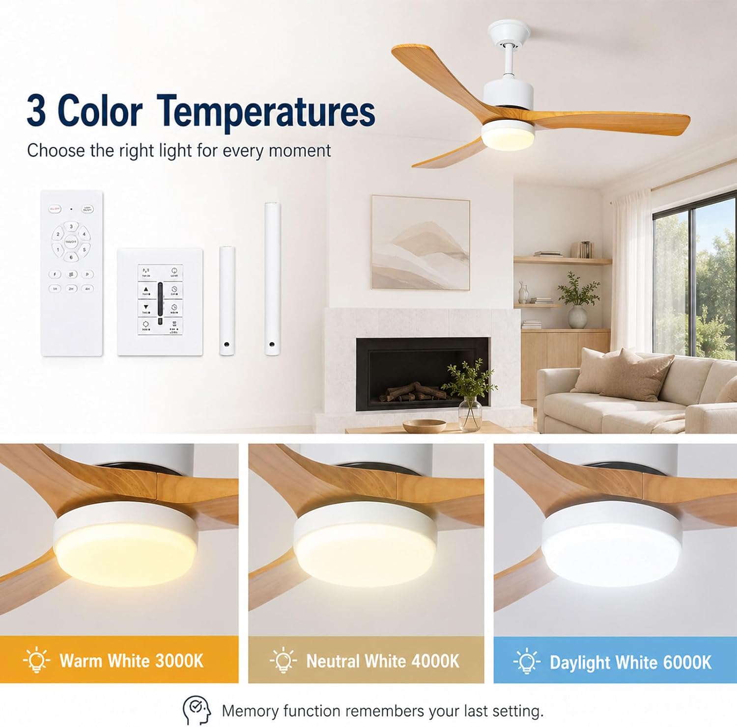 48-Inch Modern Ceiling Fan with LED Light, 6-Speed DC Motor, Remote & Wall Control, Reversible Blades Wood Quiet Ceiling Fans for Bedroom & Living Room